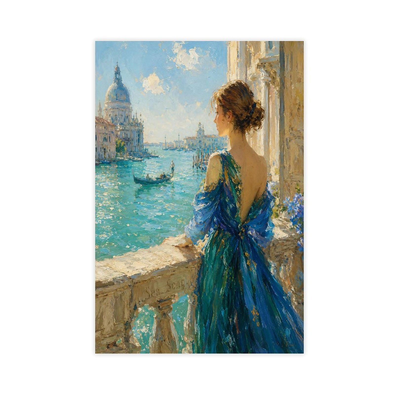W7c8u2x3 Unframe-Style-16 Woman By Venetian Water Canvas Wall Art, Sunlit City Reading Corner
