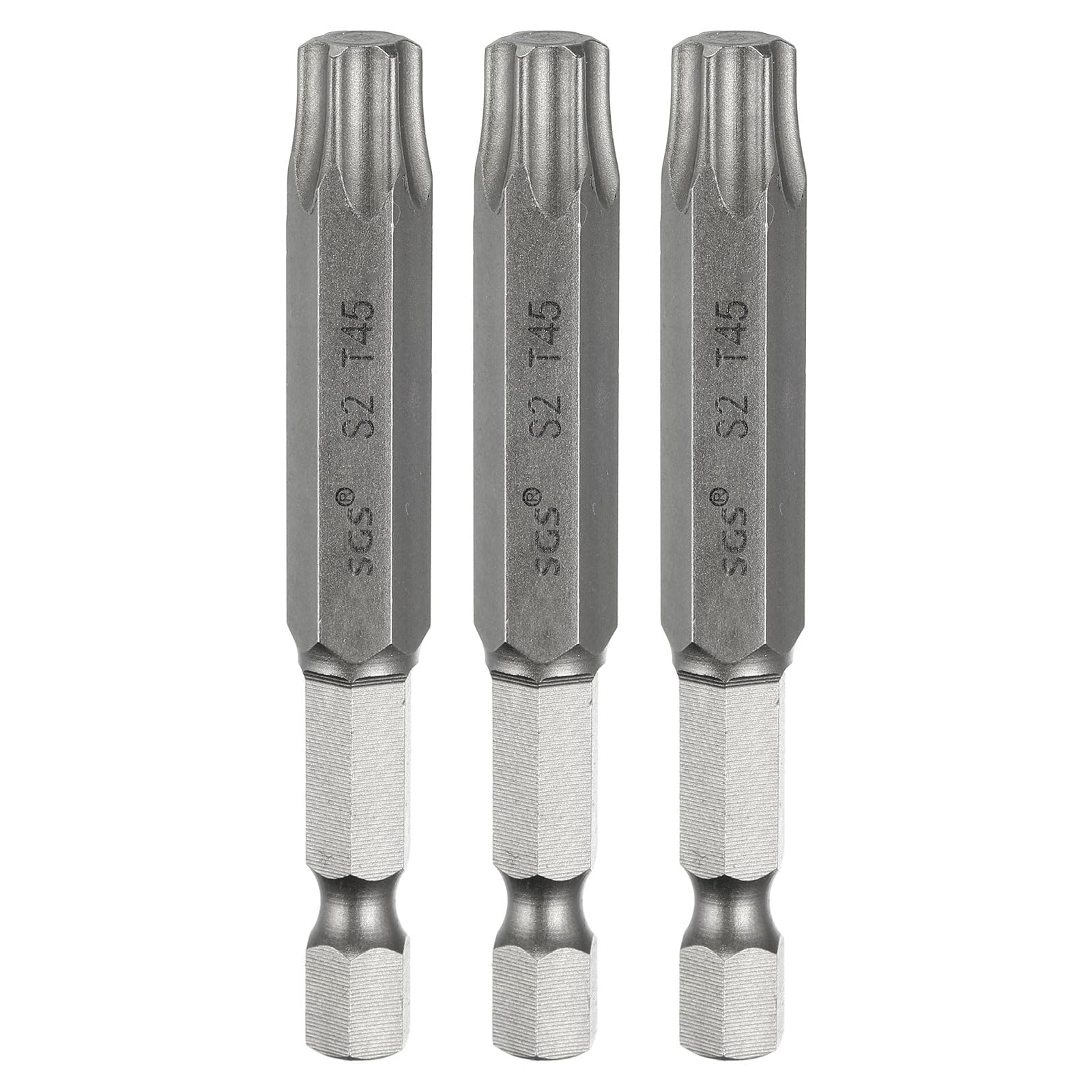 sourcing map 3pcs T45 Torx Head Screwdriver Bit 1/4" Hex Shank 2.6" (65mm) Long Magnetic No Hole Tip Tamper Proof 6 Point Star Screw Driver Drill Bits S2 Steel Industrial Power Screwdrivers