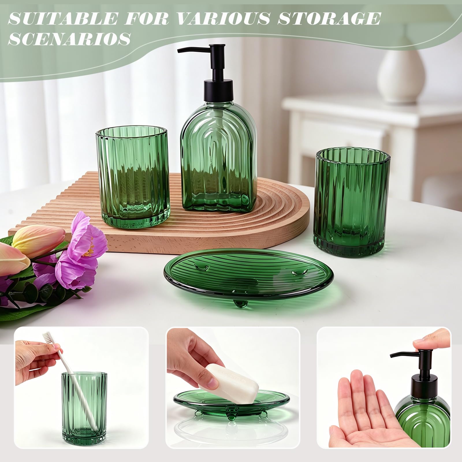 Badezimmer Set of 4 – 400ml Seifenspender, 2 Zahnputzbechern & Seifenschale | Grün Bad Zubehör Set, Badezimmer Organizer für Zahnbürsten&Wattestäbchen, Regenbogen-Muster, Edle Badezimmer Deko
