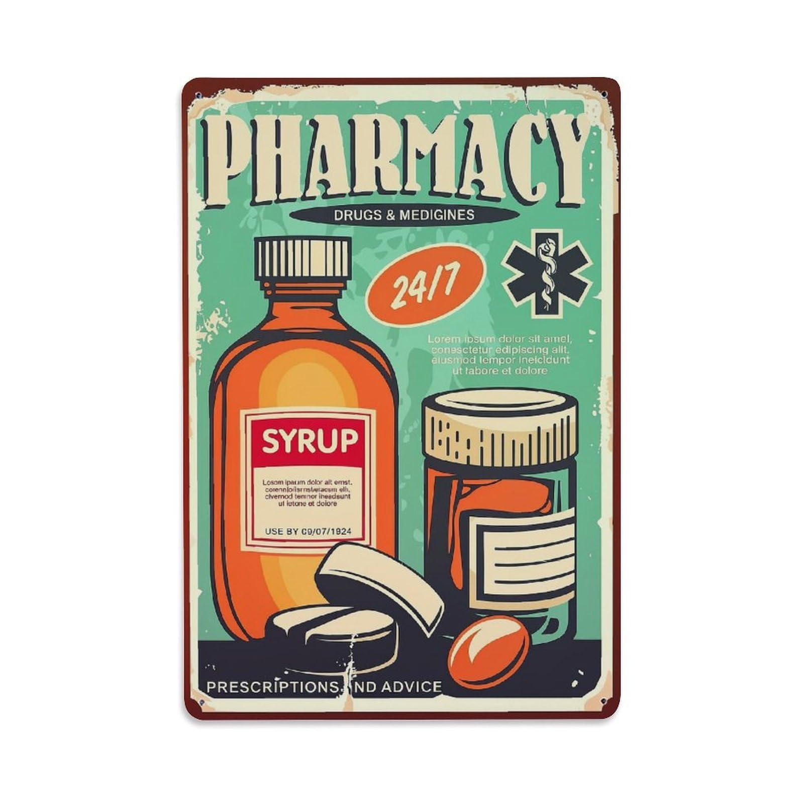 Jdyaojiesheng Vintage Pharmacy Syrup Bottle Pill Jar Tin Sign Retro Metal Wall Decor Metal Poster, Home Bar Garage Farmhouse Cafe Wall Art Decoration 8X12inches