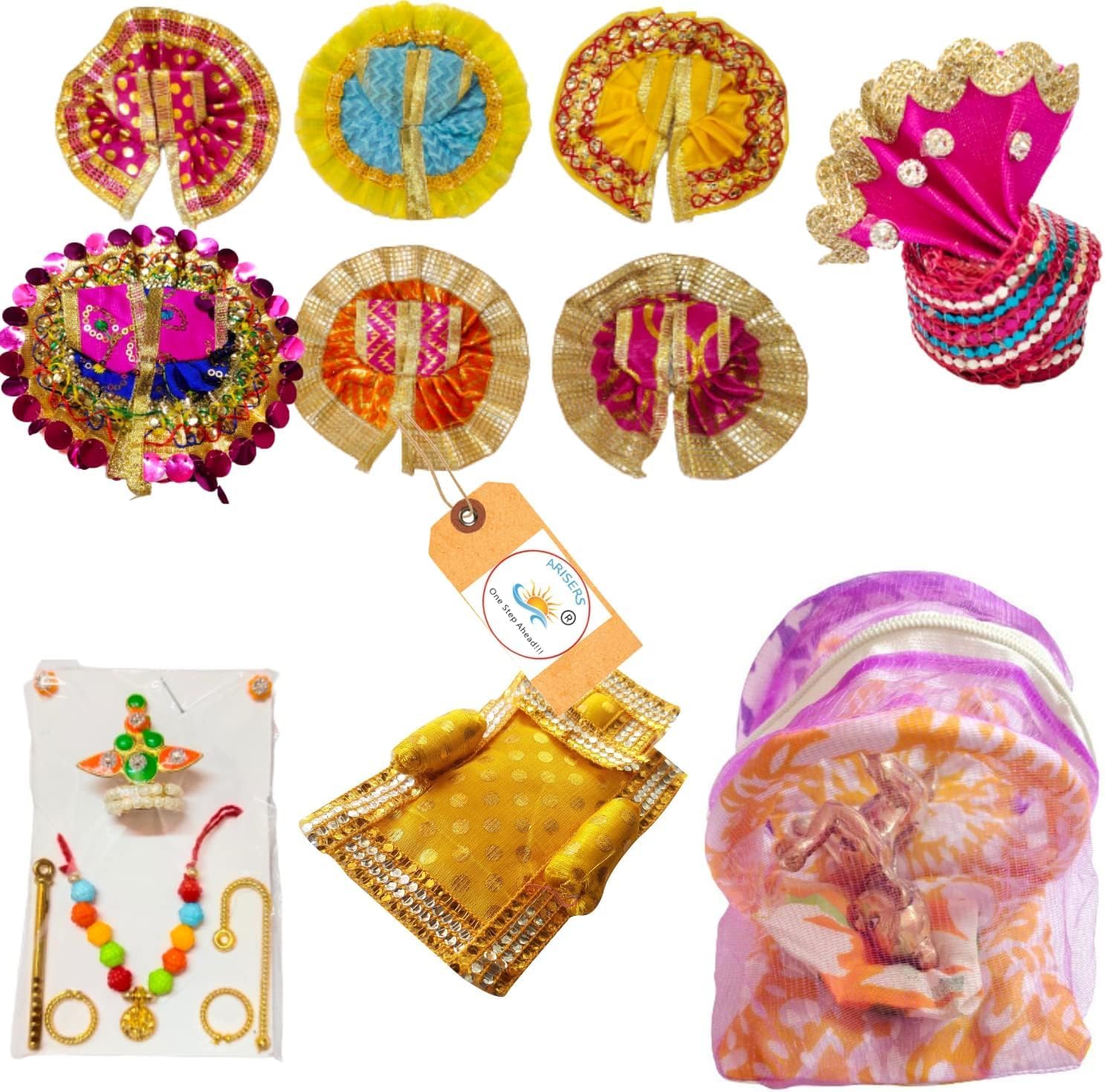 Combo of 6 Laddu Gopal Dress, Kanha Ji, Laddu Gopal, Thakur ji Poshak and Include Accessories 1 Jewelry Set and 1 Pagdi, Size (1 to 2no.) 1 Mosquito Net, 1 Assan Bed