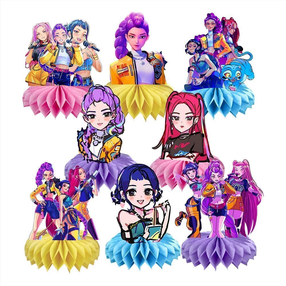 8 piezas Decoración Mesa Cumpleaños kpop, Centros de Mesa Panal 3D Honeycomb Doble Cara, Estilo demon hunters, Decoraciones Coloridas para Fiesta Infantil, Kit de Decoración para Cumpleaños Temáticos