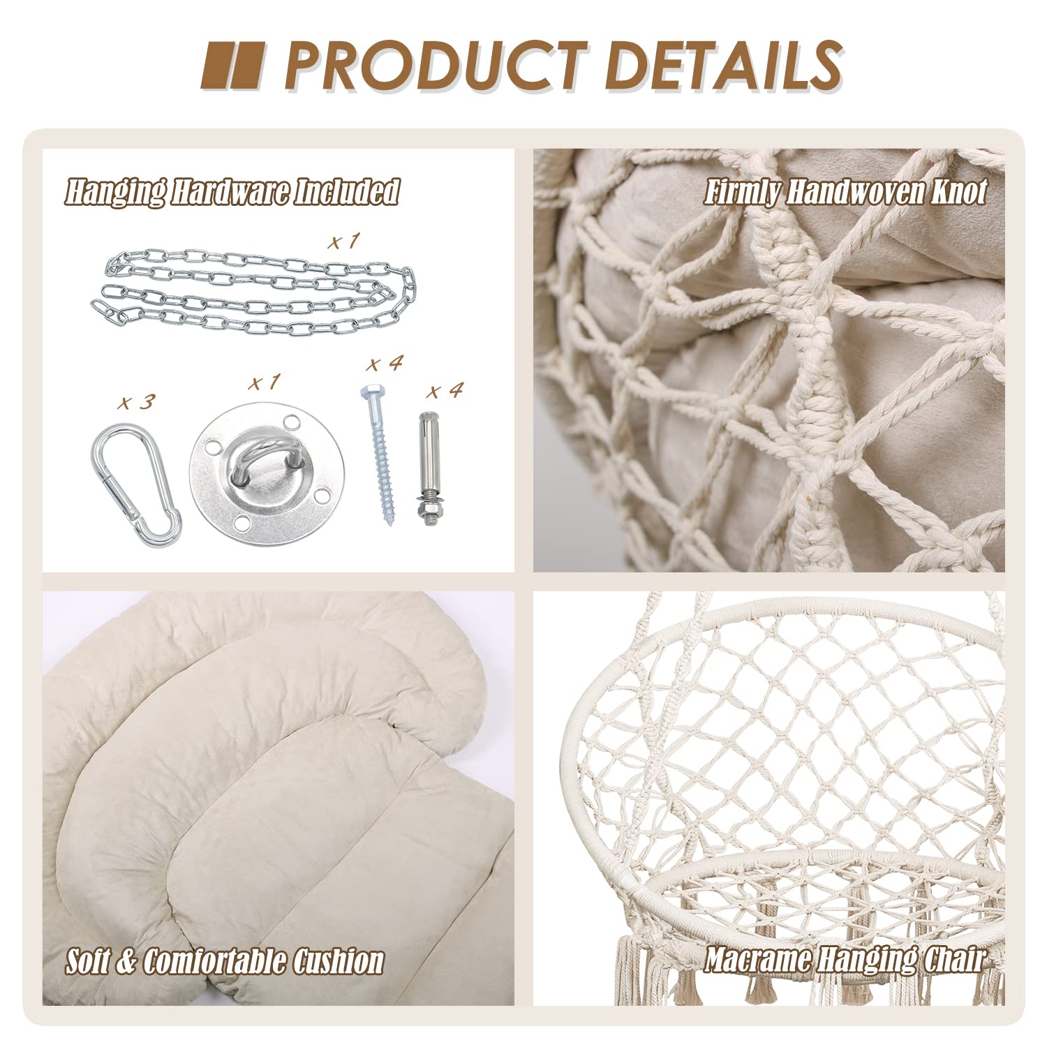 Bathonly Poltrona Sospesa, Portata 150 Kg, in Cotone con Cuscino, Sedia a dondolo in Macramè, Fatta a Mano con Kit di Accessori per Appendere, BohéMien, Giardino, Interni & Esterni, Beige