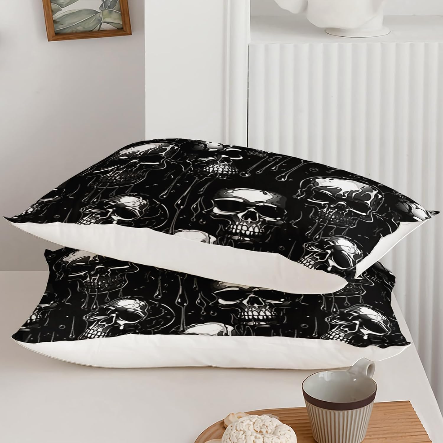 Black Skull Comforter Set Queen Size, Skull Skeleton Soft 3 Pcs Bedding Set for Kids and Adults, Gothic Halloween Comforter Set with 2 Pillowcases for Bedroom All Season