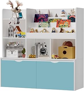 PAKASEPT Kids Bookshelf, Floor Children's Toy Storage Organizer with 5 Cubbies, 2 Movable Drawers and 4-tier Bookshelves, Multifunctional Storage Chest Bookcase for Bedroom, Playroom, Nursery, Hallway