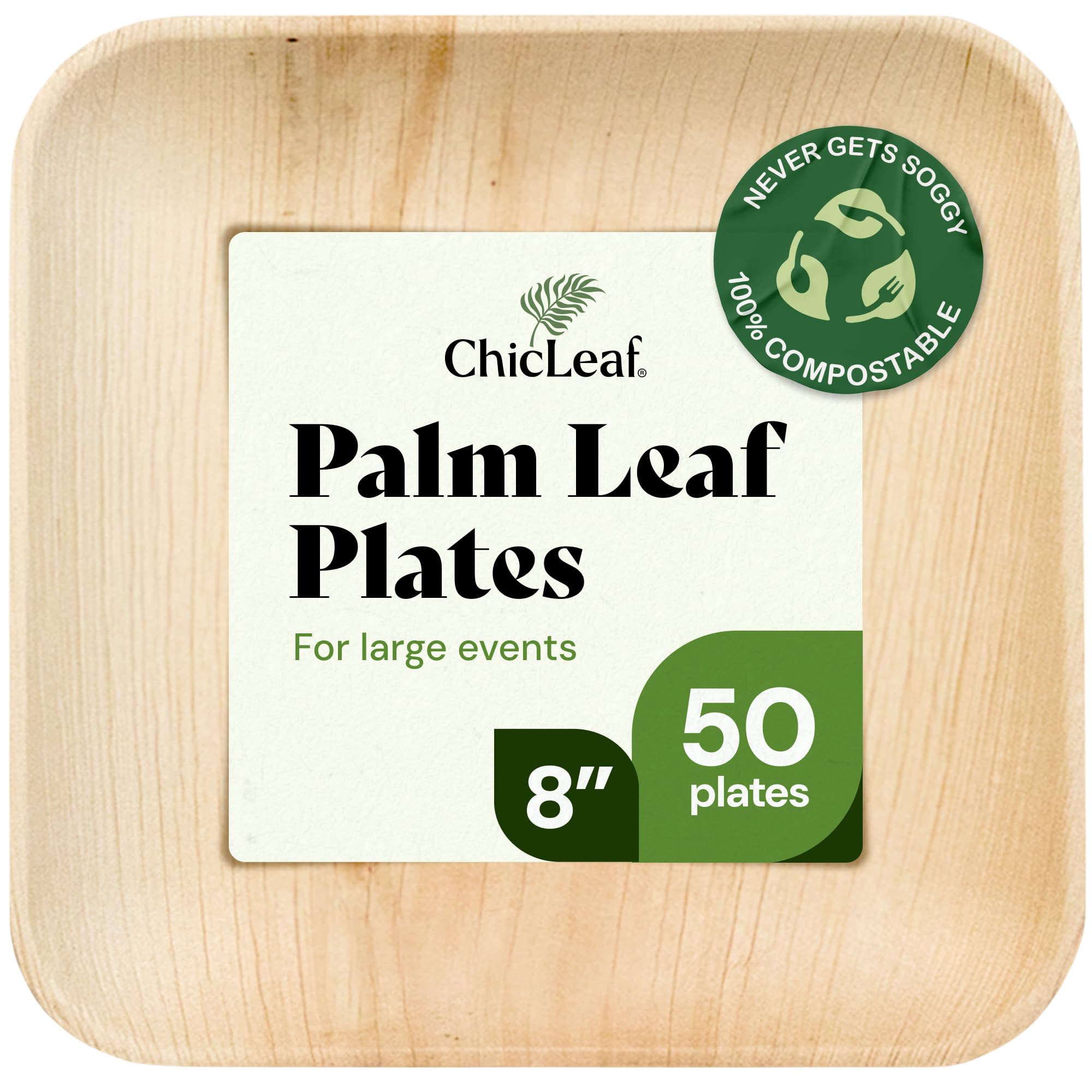 - Chic Leaf Disposable Palm Leaf Plates - 50 Count, 8" Square, Christmas Meal - Bamboo Plates, Biodegradable & Compostable - Microwave Safe & Heavy Duty - Event & Party Supplies - Wedding Decor