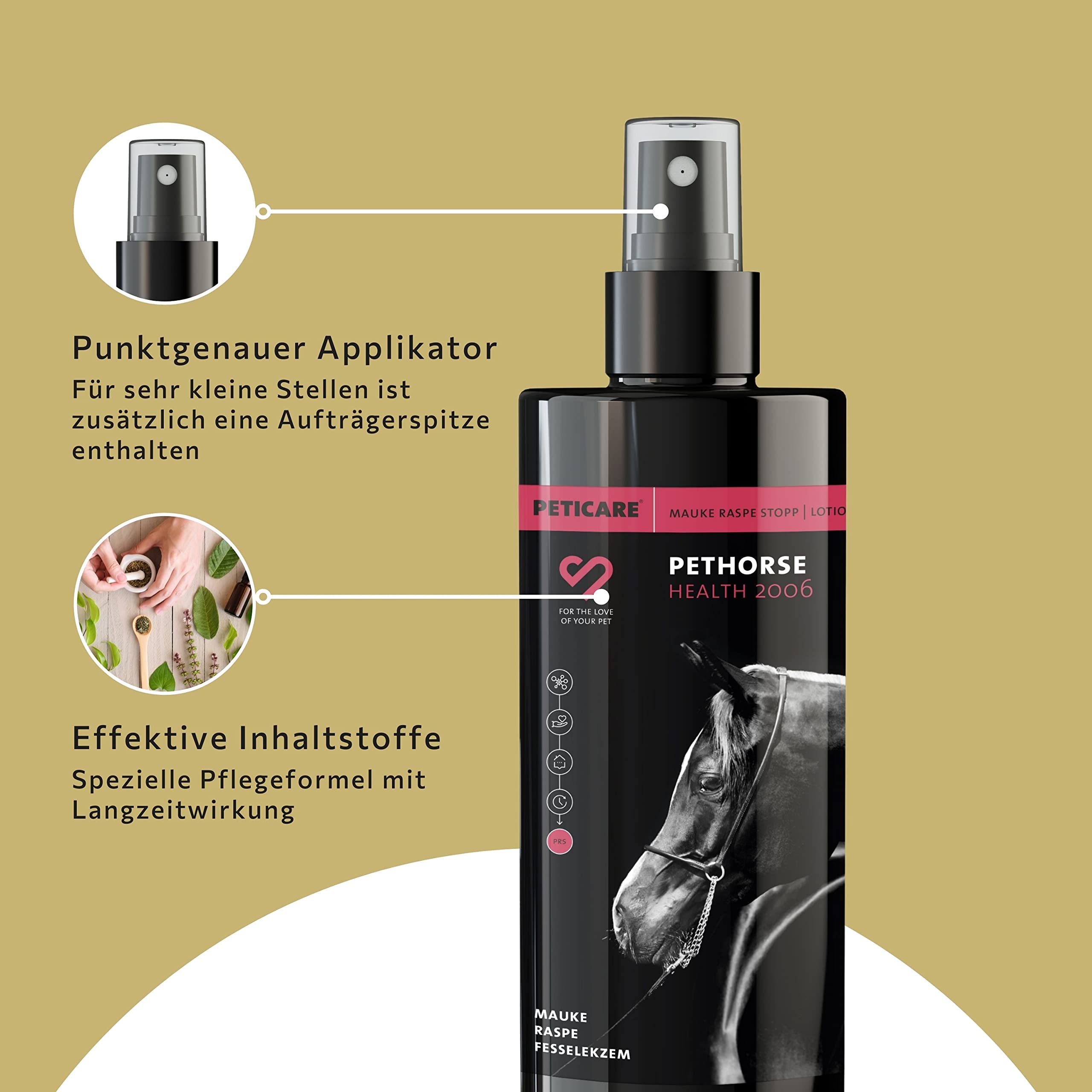 Peticare Spezial Mittel für Pferde | gegen Mauke Raspe Fesselekzem | lindert Verhärten, Austrocknen, fördert Regenerationsprozess | einzigartiges PRS® System für Lange Wirkung – petHorse Health 2006