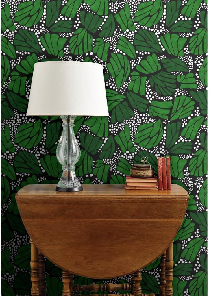 Commercial Grade Wallpaper 27ft x 2ft - Black Green Monarch Butterfly Nature Leaves White Traditional Wallpaper by Spoonflower