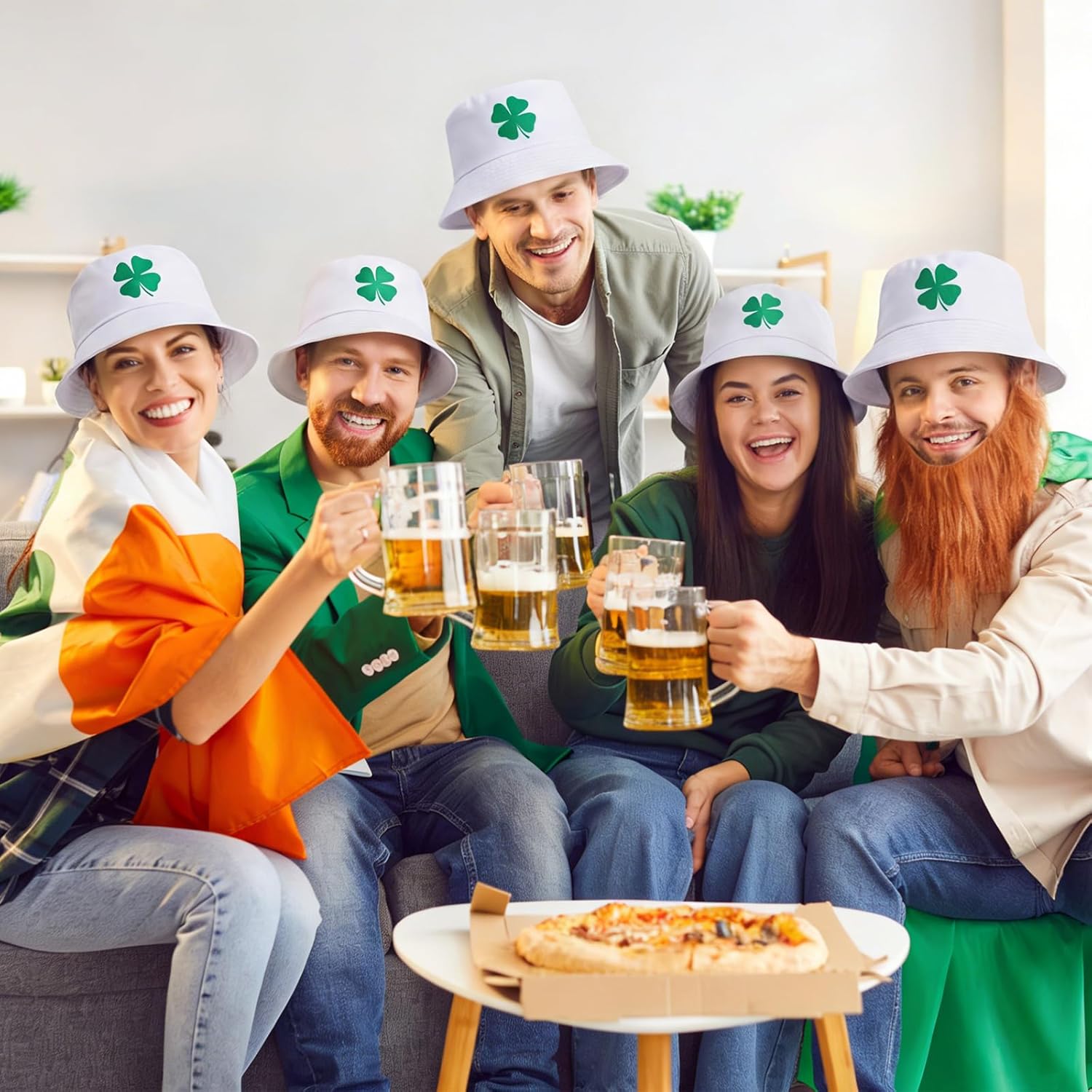 16 Pcs St Patrick's Day Bucket Hats Bulk for Women Men Green Lucky Clover Fisherman Hats