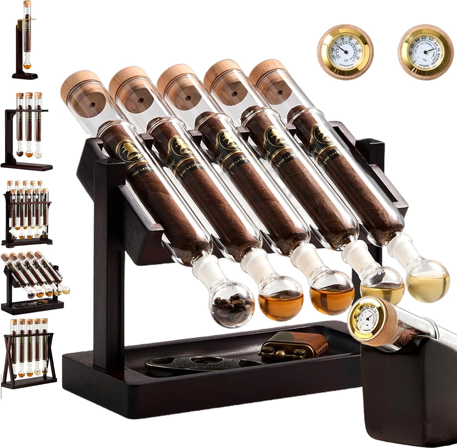 Cigar Flavor Injector Humidifier, Cigar Infuser Kit, Cigar Infuser Glass Tube Kit, Handmade DIY Aromatherapy Wooden Base Display with Hygrometer & Airtight Caps (Type E)