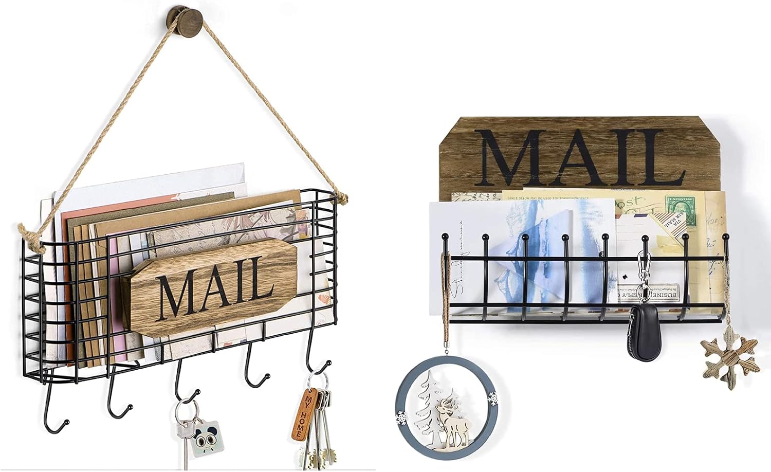 SRIWATANA Rustic Mail Key Holder Wall Mount with 5 Hooks (Contains 2 Items)