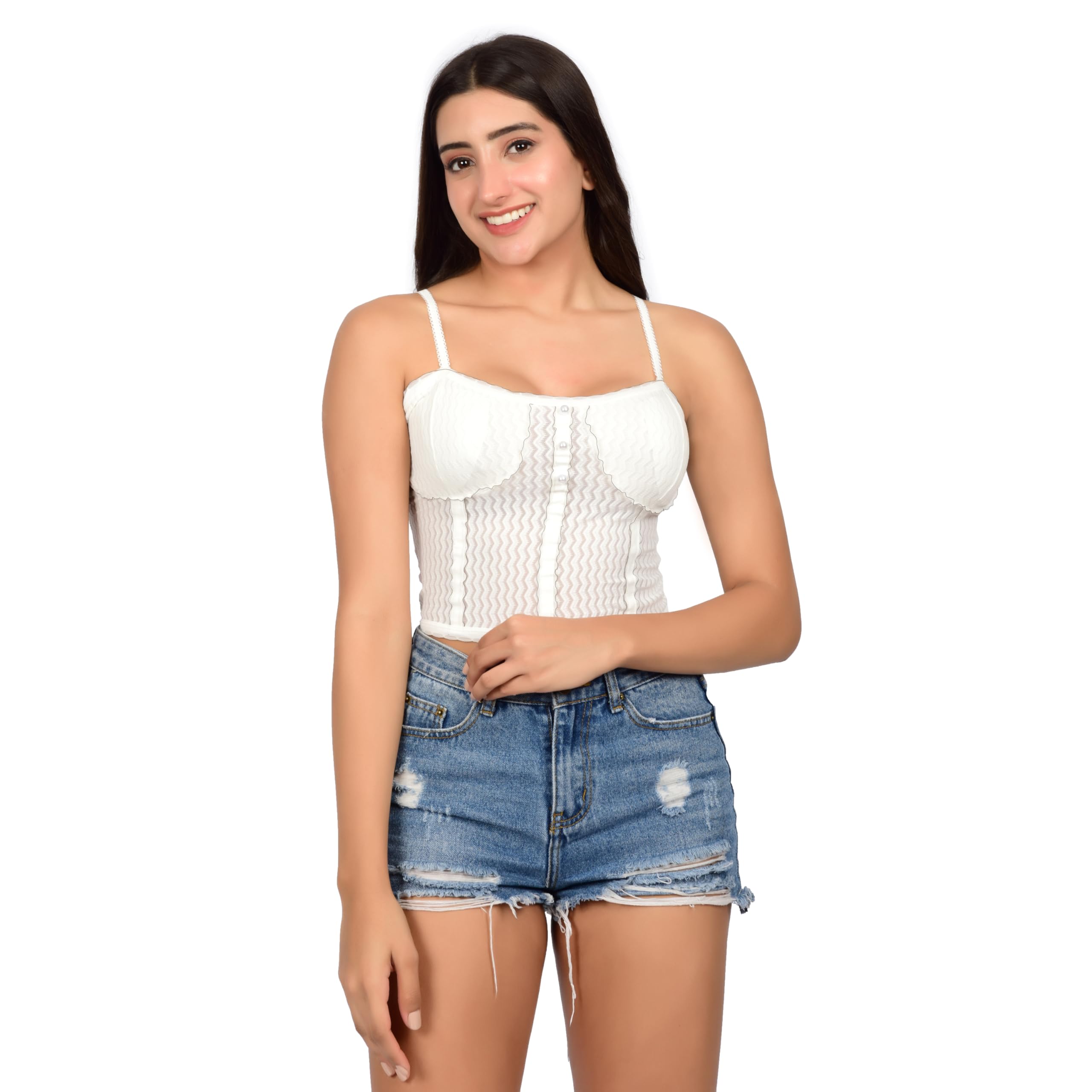 bare dezire Women's Stylish Printed Lightly Padded Wireless Sleeveless Tank Top for Women I Casual Sleeveless Longline Wirefree Full Coverage Cami Top - White, Size - S 3