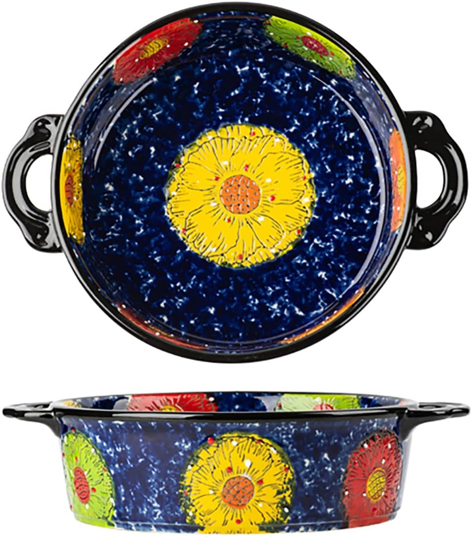 Vintage Style Pottery Bakeware Colorful Daisy Pattern Ceramic Casserole Dish Baking Pan Lasagna Pans Baking Dish with Handles from Oven to Table Plate-1 PCS, 32 OZ