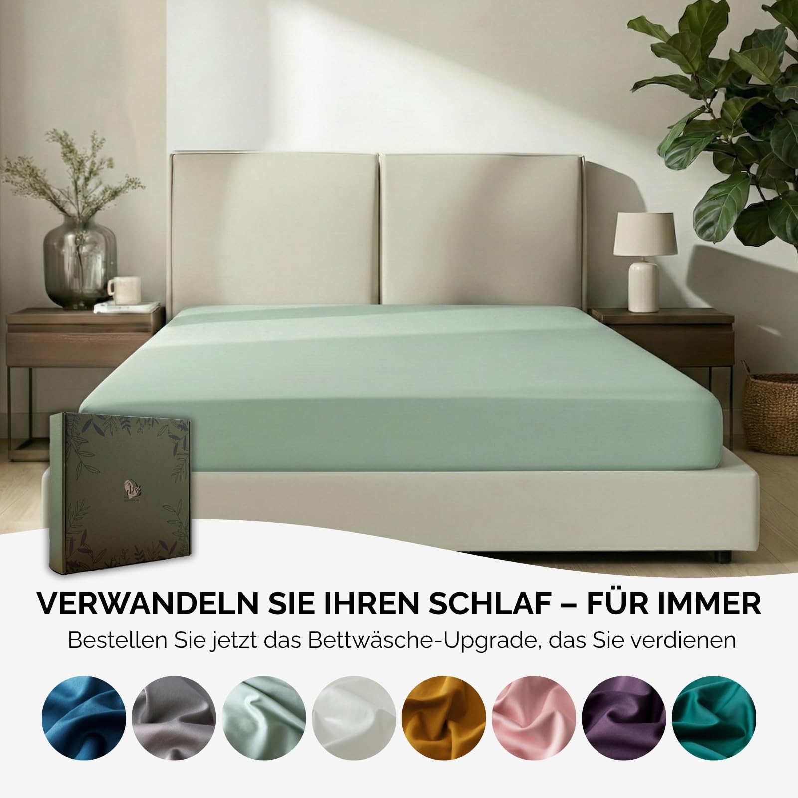 SALADHOUSE Spannbettlaken 180x200 Grün mit extra tiefen Taschen (bis 30cm) 360° Gummizug I Straffer Sitz ohne Verrutschen I Boxspring Spannbetttuch aus Ägyptischer Baumwolle Satin I ÖKO-TEX Bettlaken