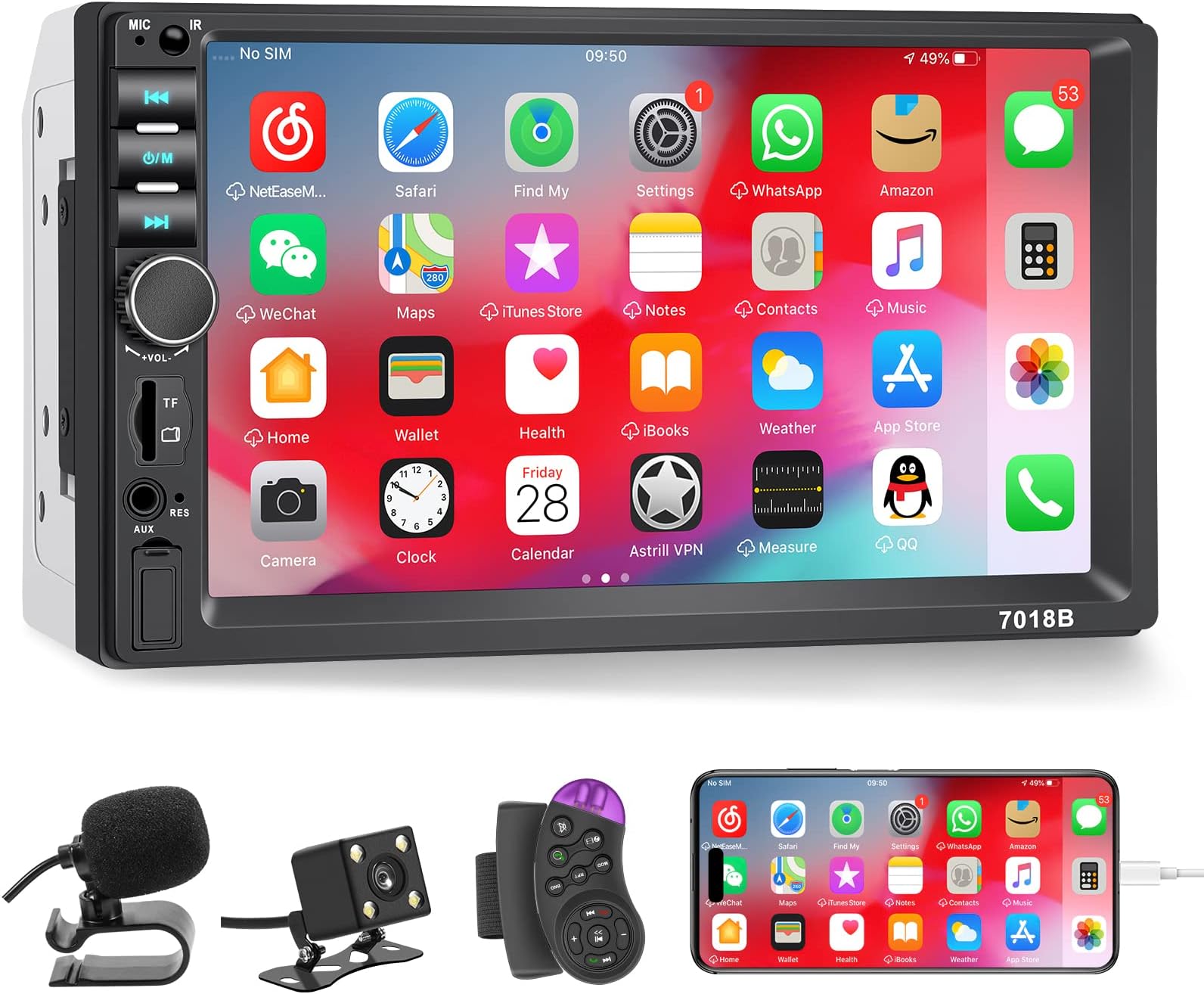 Double Din Car Stereo with Backup Camera Microphone, 7' Touchscreen 2 Din Radio, MP5 Player, Car Audio Receivers Support Mirror Link/Hands Free Call/FM/Steering Wheel Remote/BT/TF/USB/EQ/Aux