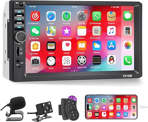 Estéreo de auto doble DIN con micrófono de cámara de respaldo, pantalla táctil de 7 pies, radio de 2 DIN, reproductor de MP5, receptores de audio