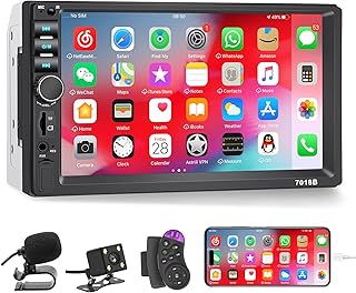Double Din Car Stereo Bluetooth with Backup Camera , 7 Inch Touchscreen , Support Mirror Link/Hands Free Call/FM/Steering Wheel Remote/Fast Charging/TF/USB/EQ/Aux