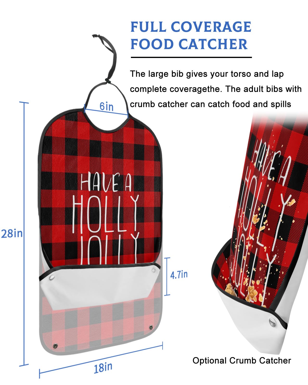 Christmas Black Red Plaid Adult Bibs for Eating, Waterproof Bibs with Food Catcher & Adjustable Snap Closure, Have A Holly Jolly Christmas Washable Clothing Protectors Adult Bibs for Elderly Women/Men
