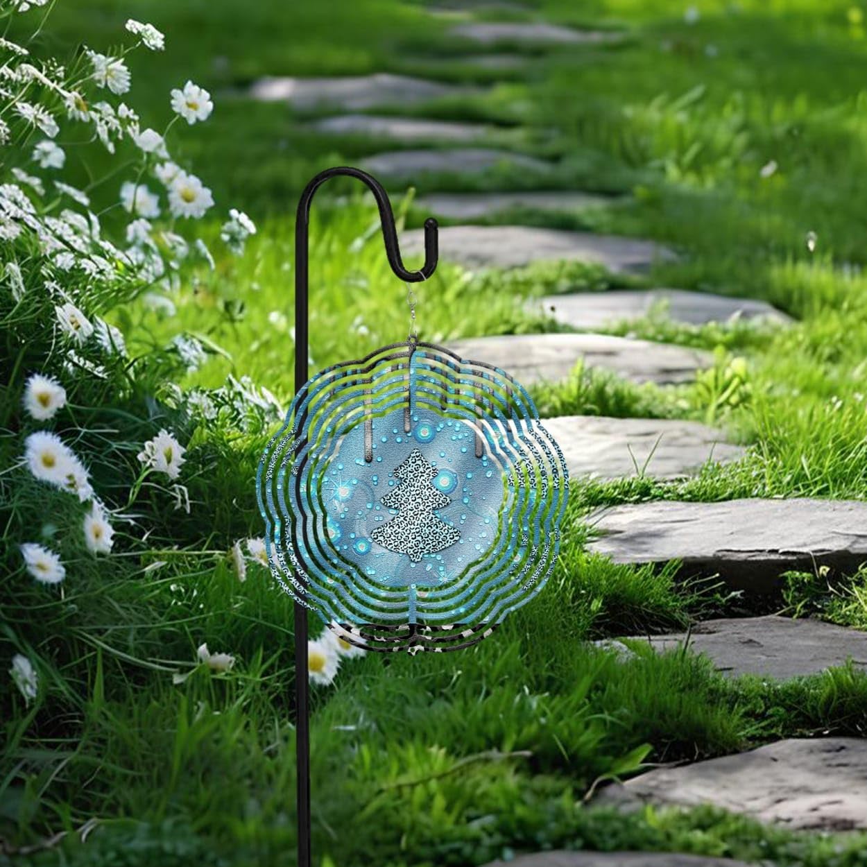 Blue Tree with Leopard Pattern Christmas Wind Spinners 3D Stainless Steel Laser Cut Metal Double Sided Printing-Hanging Indoor/Outdoor Decorations Yard Gardening Decor,Metal Kinetic Art 16x16 inches