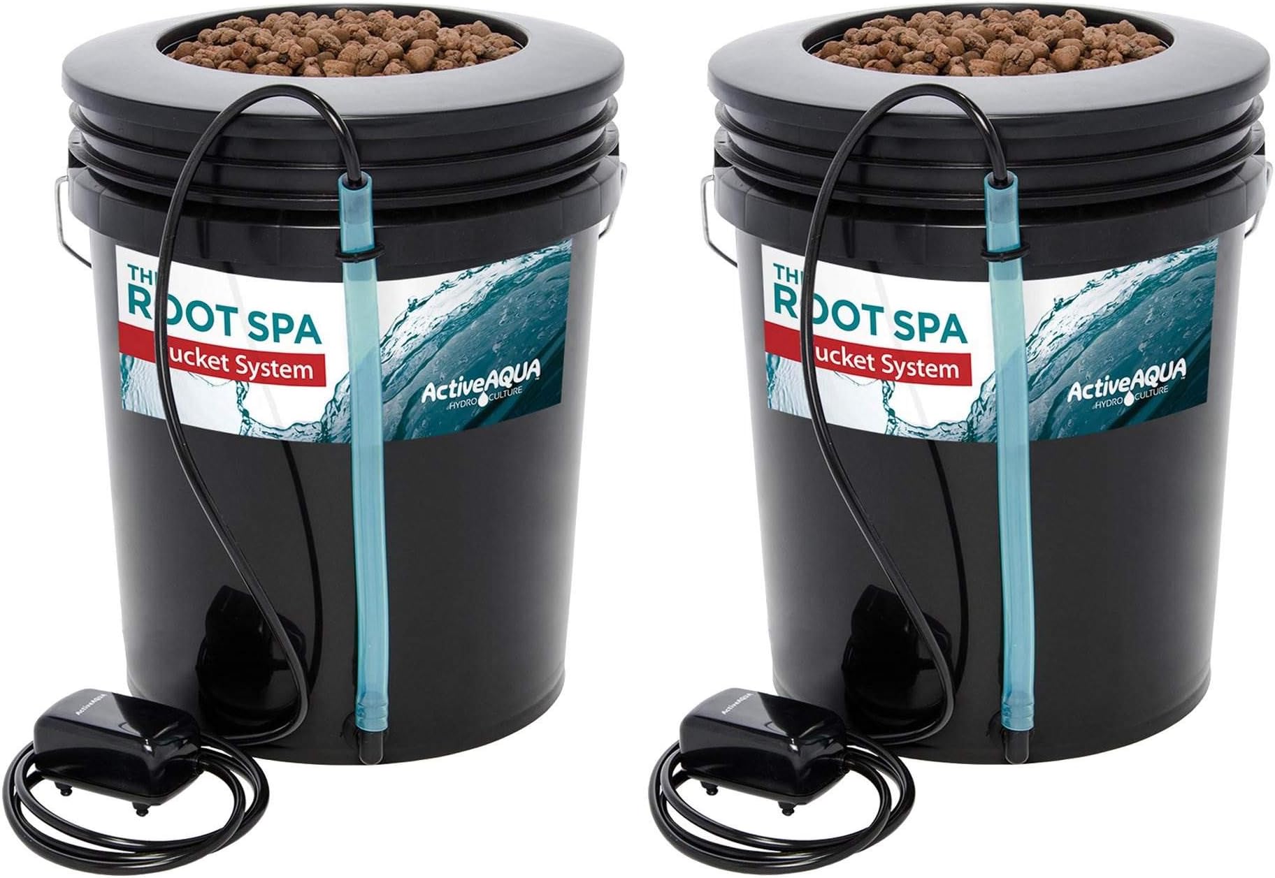 Active Aqua RS5GALSYS Root Spa 5 Gallon Hydroponic Bucket Deep Water Culture Grow Kit System with Multi-Purpose Air Hose and Air Pump, Black, 2 Pack