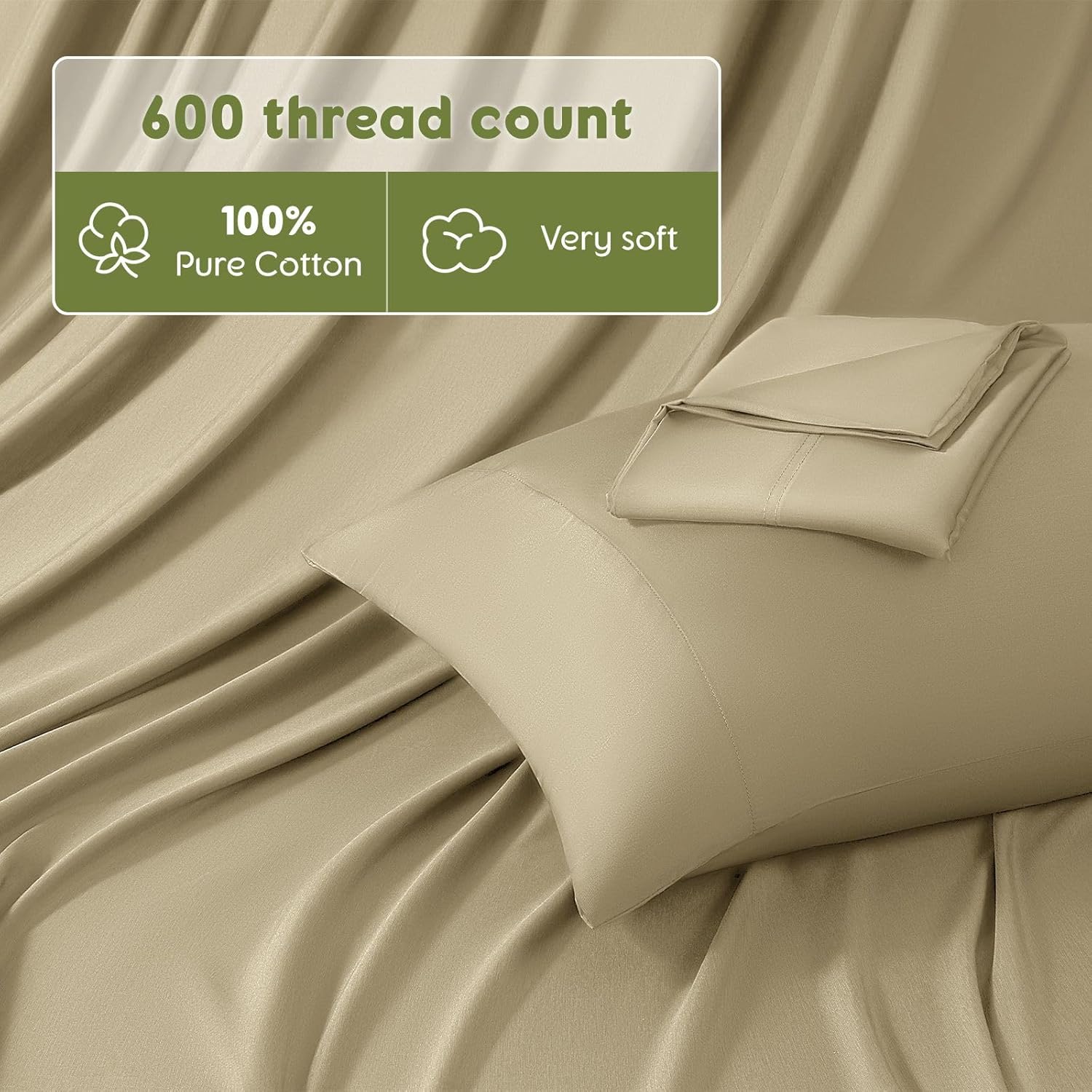 SONORO KATE 100% Egyptian Cotton Sheets Queen Size - 600 Thread Count, Luxury Hotel Sateen Weave Bedding Set, Soft Breathable Sheet Sets, 16" Deep Pocket - 4 PC(Linen,Queen) - Image 3