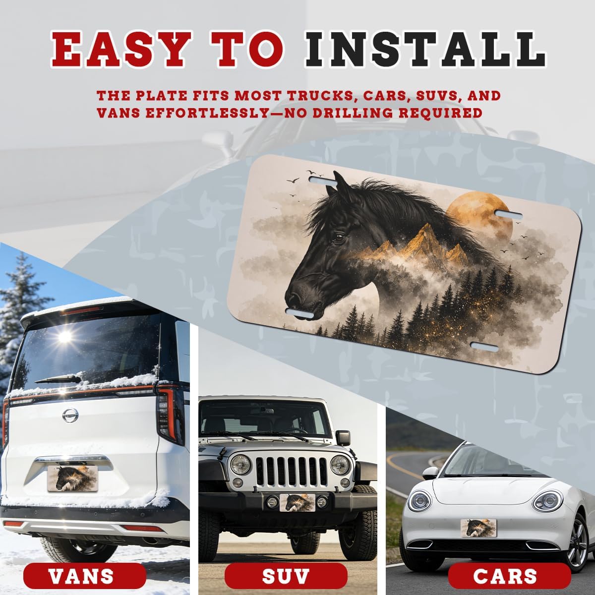 Horse Front License Plate Black Horse Mountain Forest Golden Moon Aluminum Decorative License Plates Funny Novelty Vanity Tag Cover 12×6 Inch Car Decor Accessory with 4 Holes for Men Women image 3