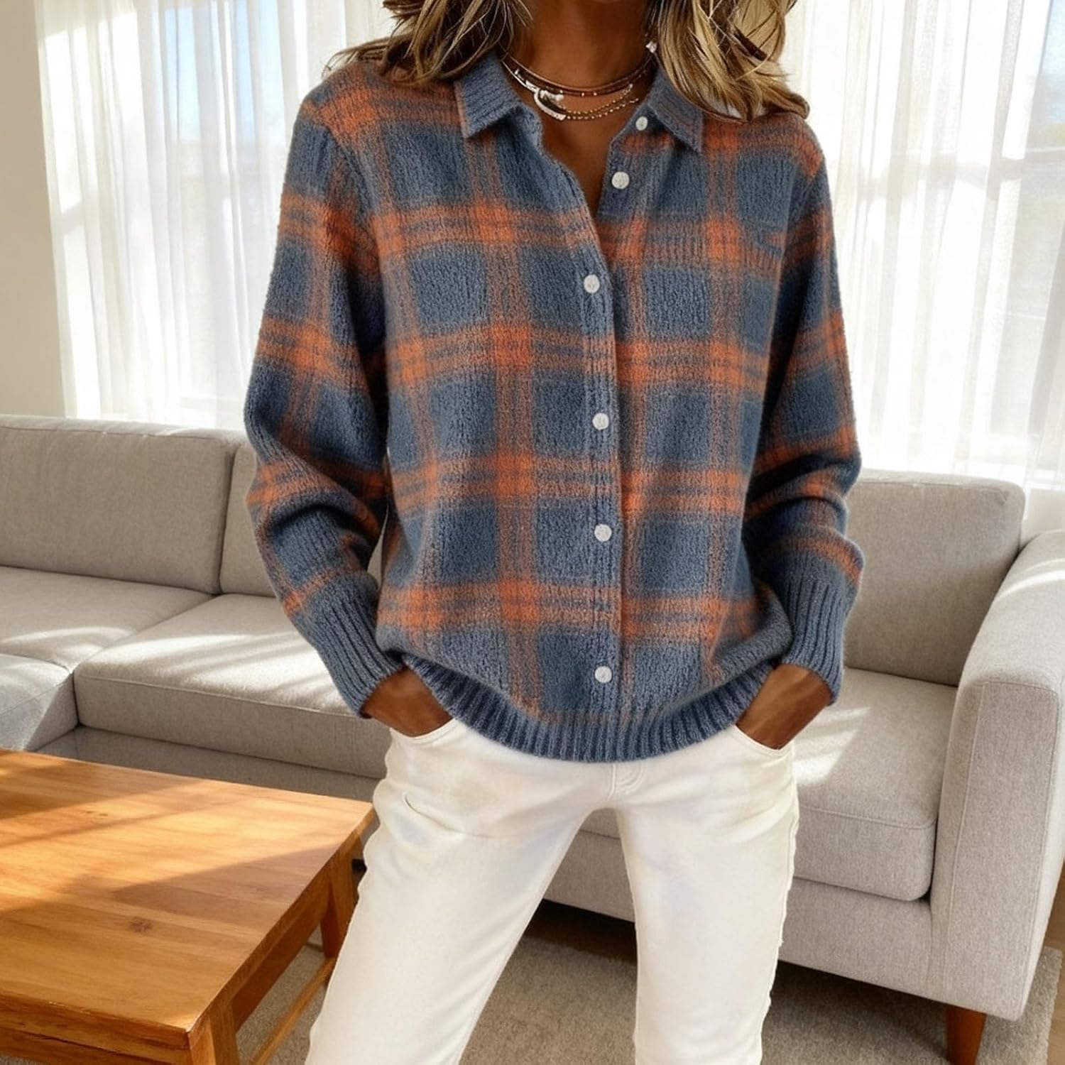 Women's Plaid Print Casual Cotton Buttoned Cardigan Tee, Plaid Knitted Cropped Cardigan Sweater - Image 2