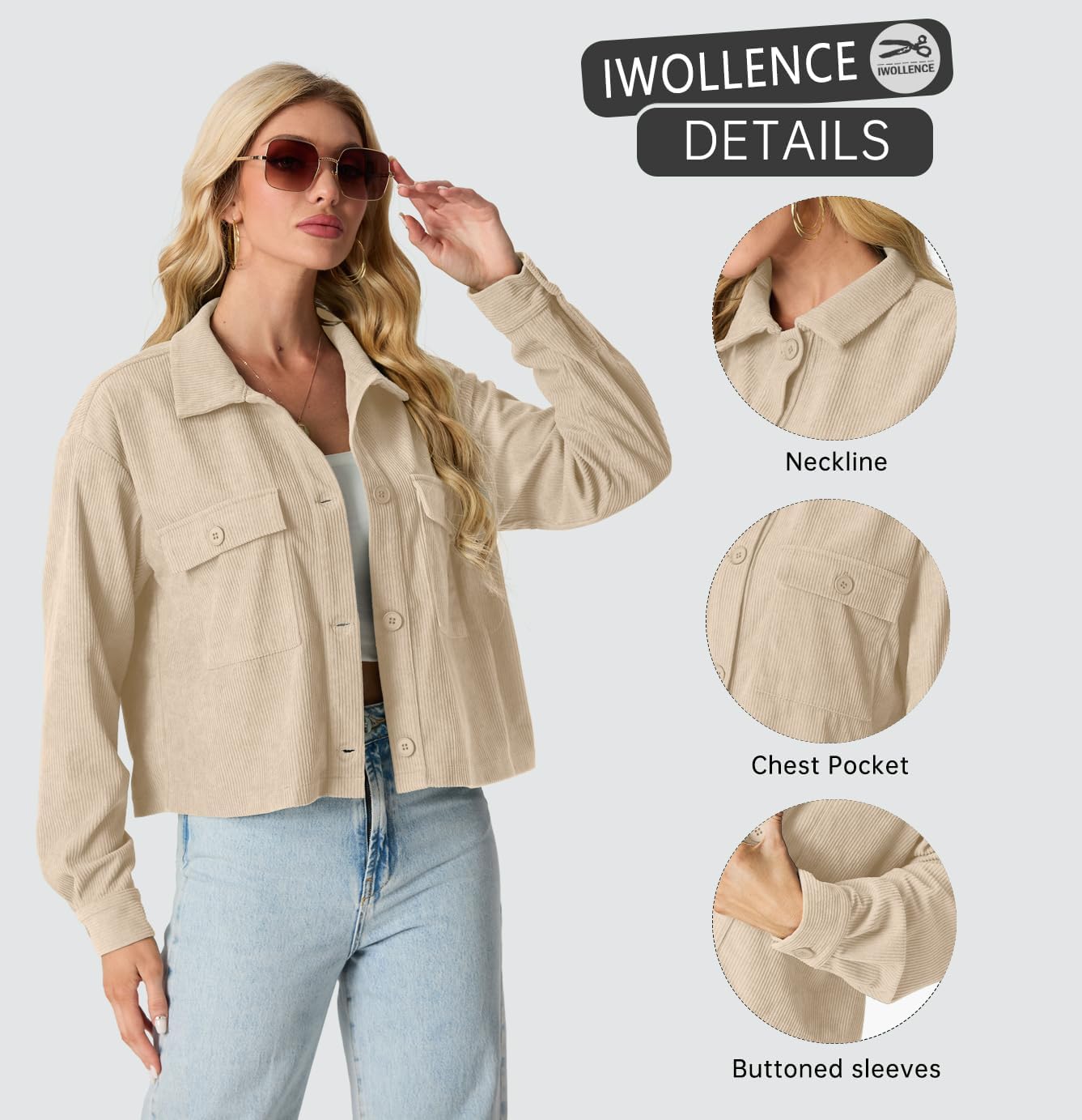 IWOLLENCE Women's Cropped Shacket Jacket Fashion Button Down Corduroy Shacket Jackets Casual Crop Shirts Fall Coat Tops - Image 5