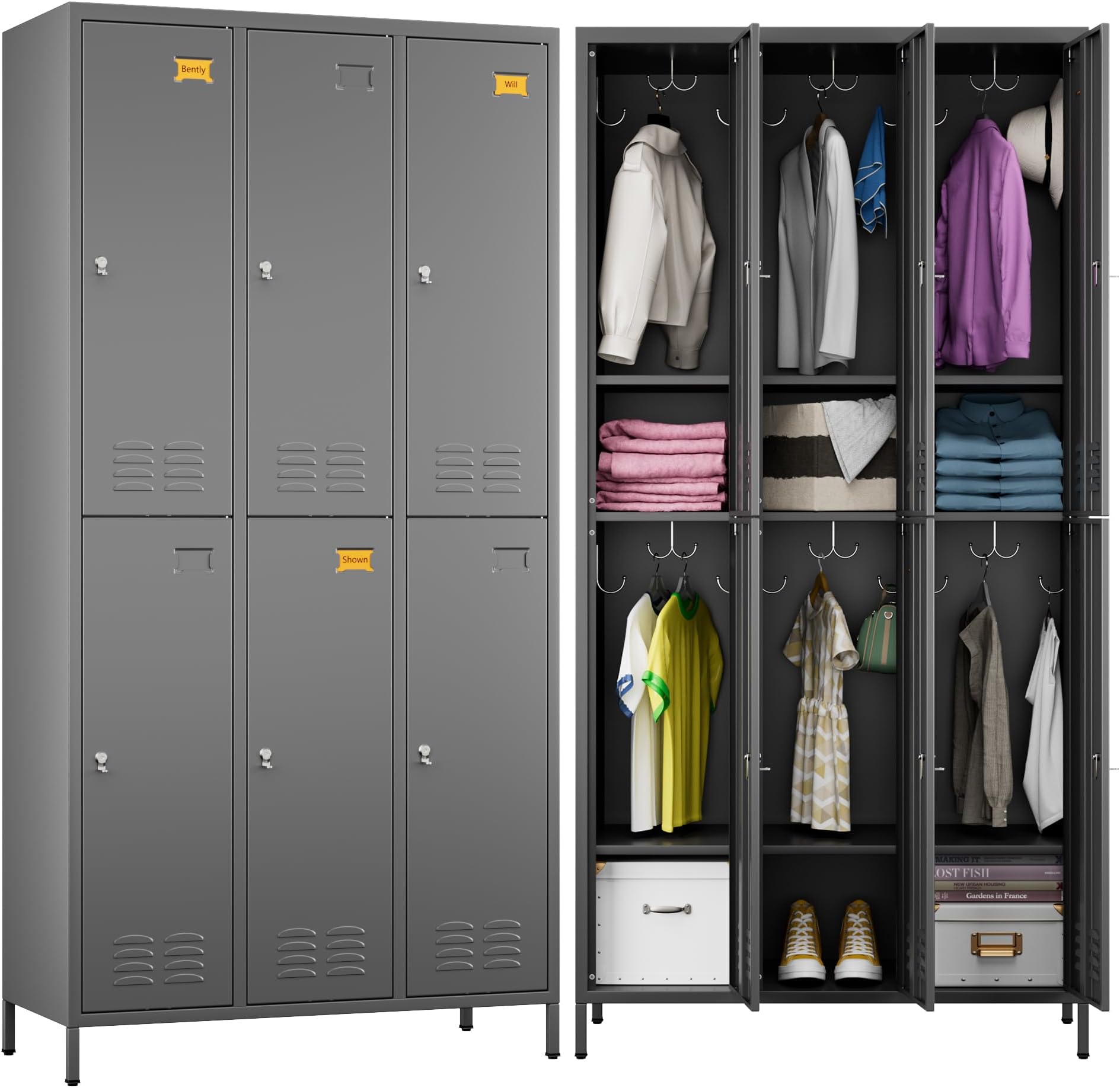 Metal Lockers for Employees with 6 Doors and 18 Hooks, 72”H Storage Locker with Card Slot for Office Gym School Bedroom, Assembly Required, Dark Gray