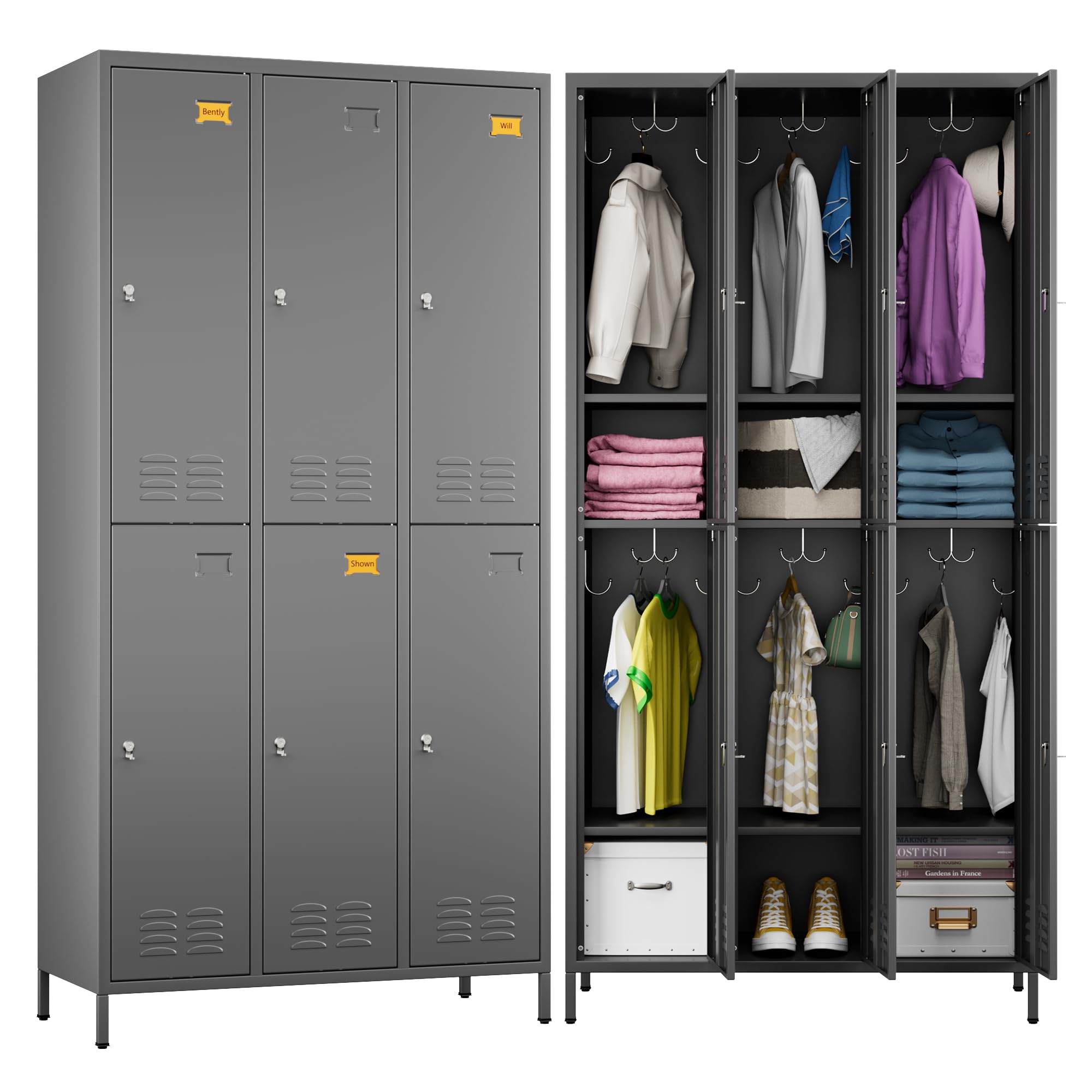 Metal Lockers for Employees with 6 Doors and 18 Hooks, 72”H Storage Locker with Card Slot for Office Gym School Bedroom, Assembly Required, Dark Gray