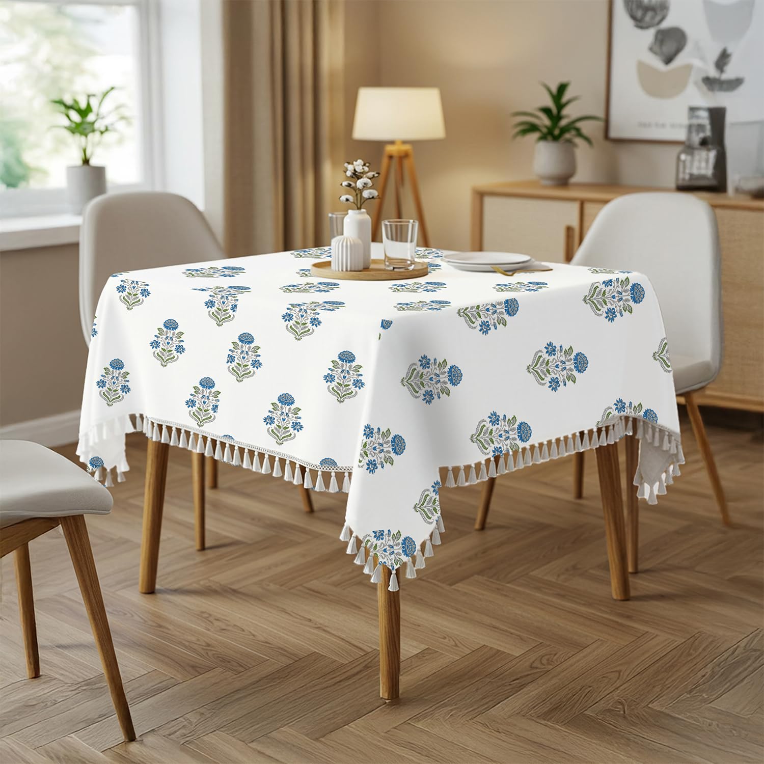 Urban Space 100% Cotton Dining Table Cover Square Table Cover, Printed Cotton Table Cloth for Center Table with Boho Tassels, 48" x 48" - Square TC Liberty Blue-image-18