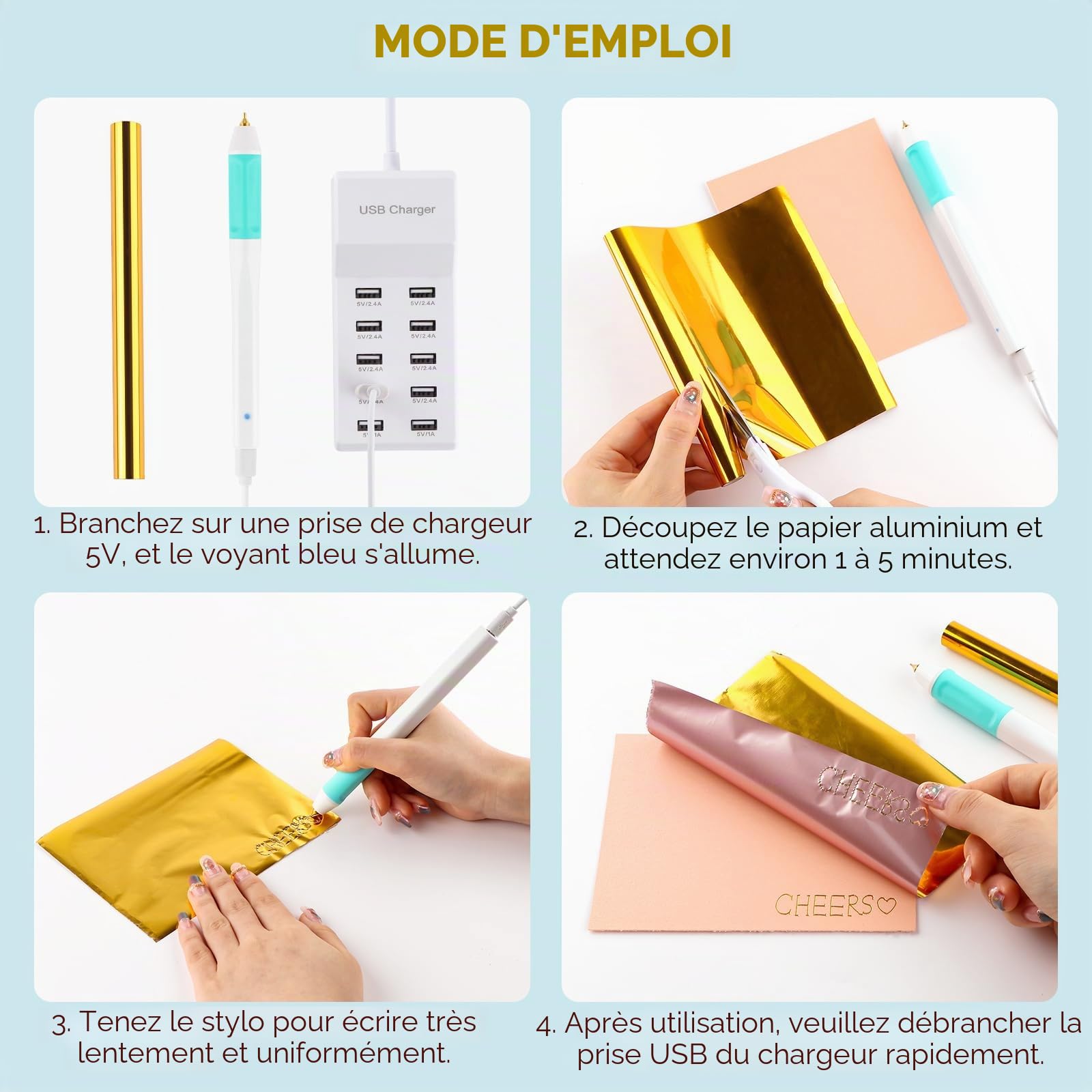 Lot de stylos en papier d'aluminium chaud et rouleau pour cartes, travaux manuels, scrapbooking, stylo à dessin avec câble USB DC5V