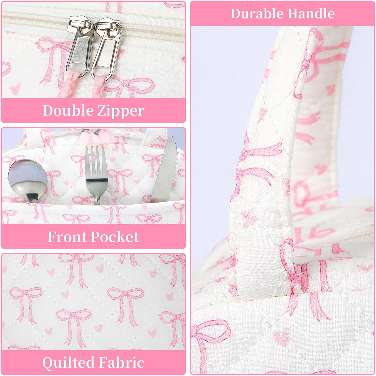 Quilted Lunch Box for Women,Lunch Box for Teen Girls,Cute Floral Lunch Bags for Work, School,Office,Picnic,Travel (pink bow heart) - Image 3