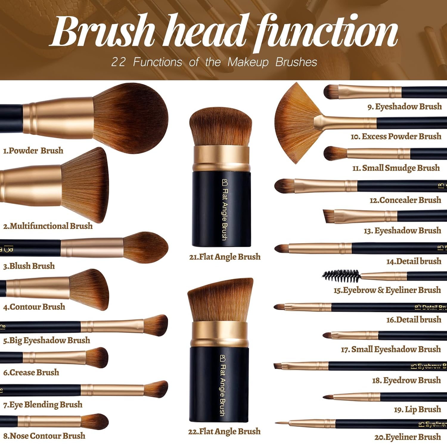 BS-MALL Makeup Brushes Set with Kabuki, Powder & Eyeshadow Brushes | Travel Friendly Makeup Kit with Bag | Concealer, Blush & Foundation Brushes for Liquid Makeup (Black Gold)