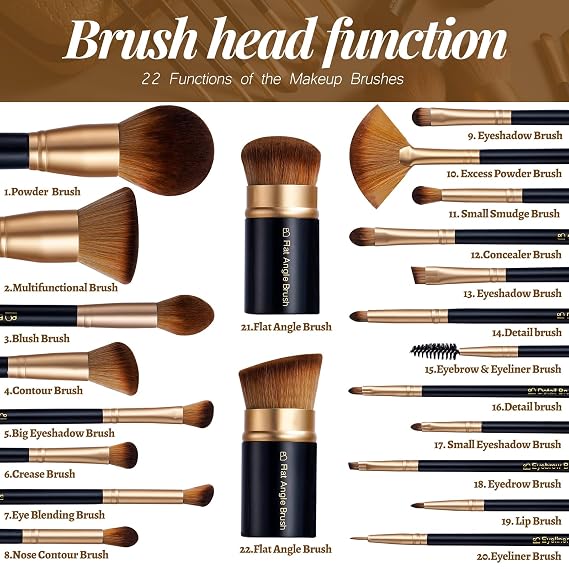 BS-MALL Makeup Brushes Set with Kabuki, Powder & Eyeshadow Brushes | Travel Friendly Makeup Kit with Bag | Concealer, Blush & Foundation Brushes for Liquid Makeup 22 Pcs (Black Gold)