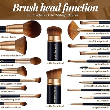 BS-MALL Makeup Brushes Set with Kabuki, Powder & Eyeshadow Brushes | Travel Friendly Makeup Kit with Bag | Concealer, Blush & Foundation Brushes for Liquid Makeup 22 Pcs (Black Gold)