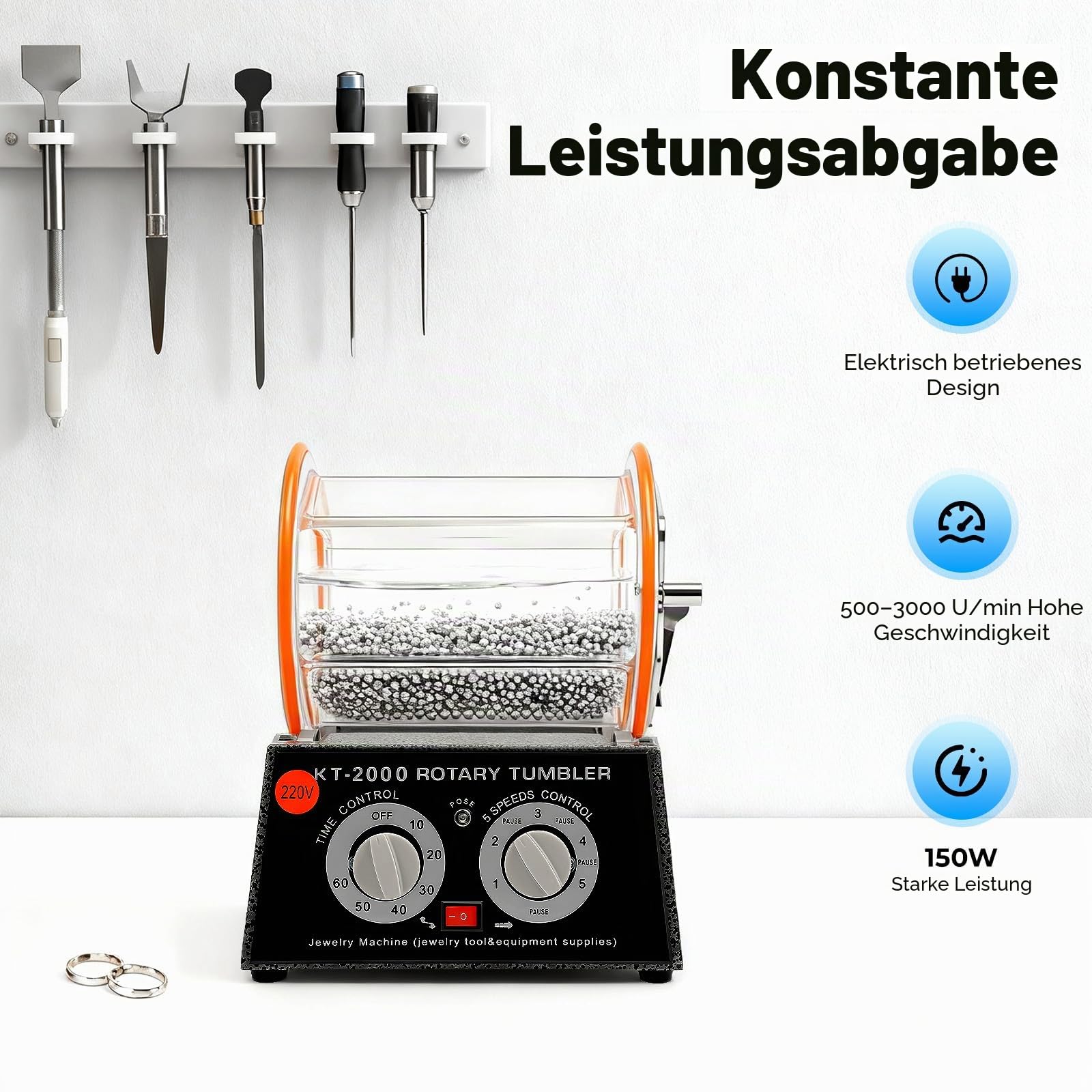 Poliermaschine, 5KG Trommelpoliermaschine 150 W, Timer 0–60 Min. | Vorwärts-/Rückwärtslauf, transparente Bauweise und abgedichtete Konstruktion für kontrolliertes Nasspolieren für Schmuck