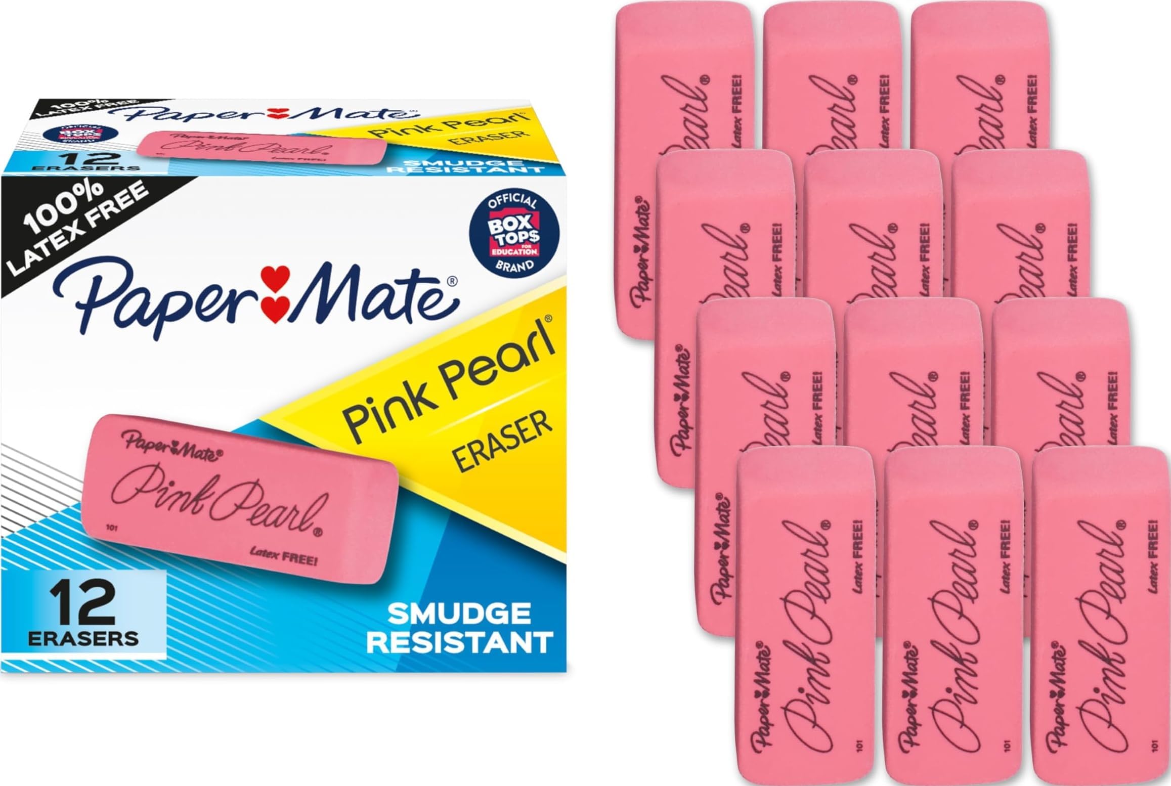 Paper Mate Erasers, Pink Pearl, 12 Count - Latex Free and Smudge Resistant, Back to School, Teacher Supplies
