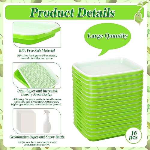 Miniatura 3 de Thrilez Kit de bandeja de germinación de semillas, paquete de 16 bandejas de cultivo de microverdes con papel de cultivo germinante y botella de