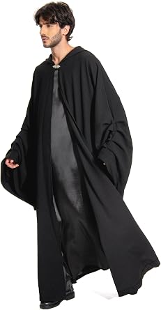 Mens Hooded Cloak Robe Tunic Knight Cosplay Halloween Costume Black Outfits 2 pieces