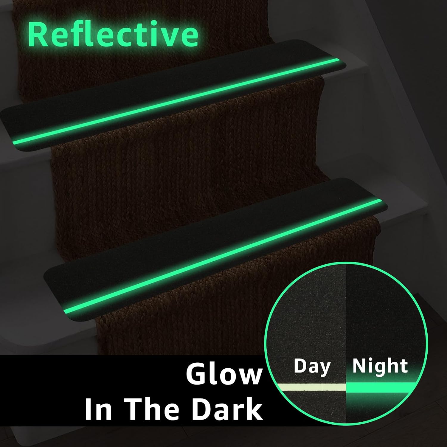 WOPPLXY 10 Pcs 6" X 24" Anti Slip Traction Treads with Glow in Dark Stripe, Black Grip Tape Non Slip, Outdoor Non Skid Tape, Heavy Duty Traction for Steps, Staircase, Deck(Green)