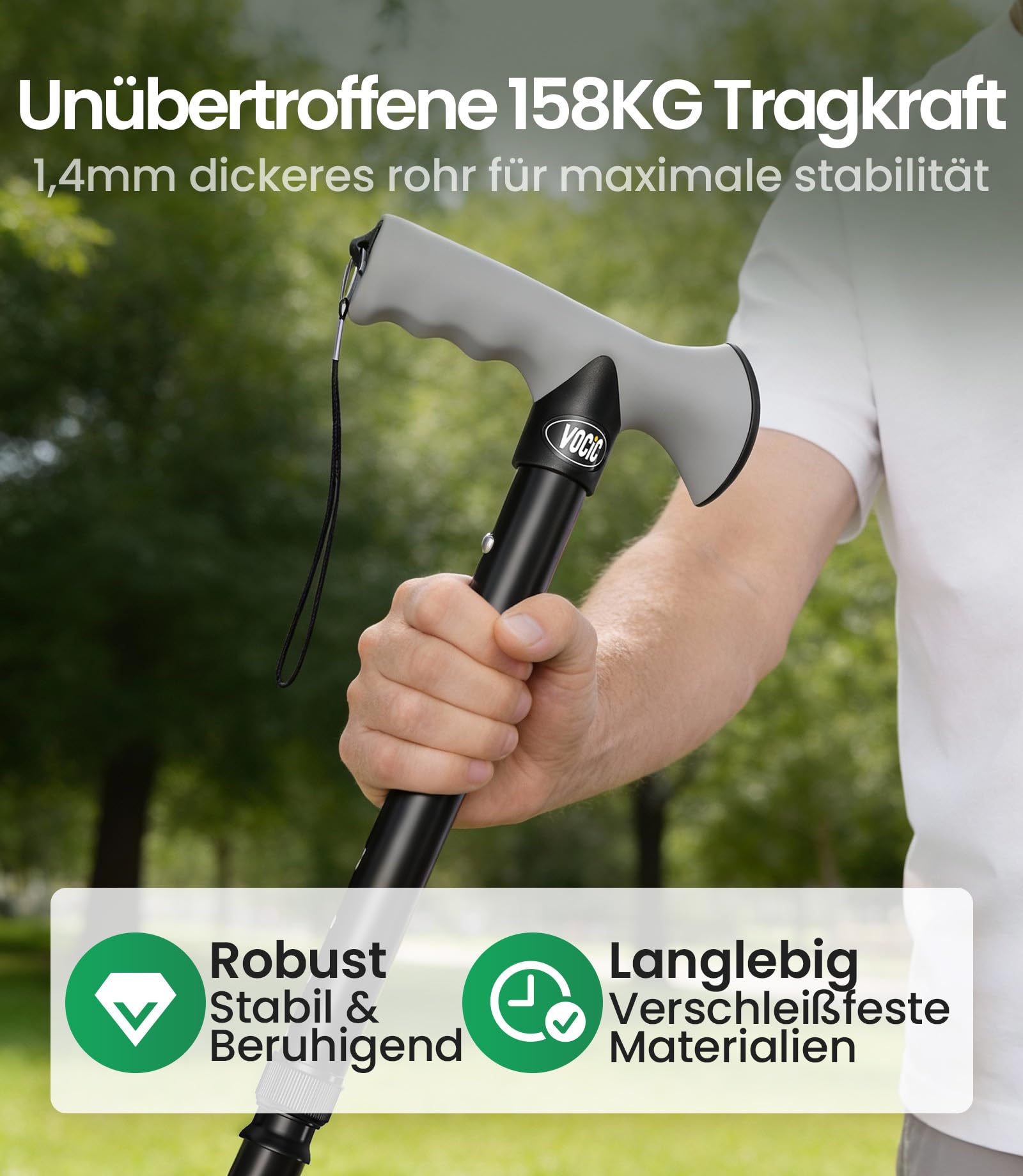 VOCIC G01 Gehstock für Herren und Damen,10-Fach verstellbar,158kg Tragkraft | Spazierstock klappbar mit stoßdämpfender Spitze & praktischer Reisetasche,Gehhilfe für Senioren & Erwachsene, Tiefschwarz