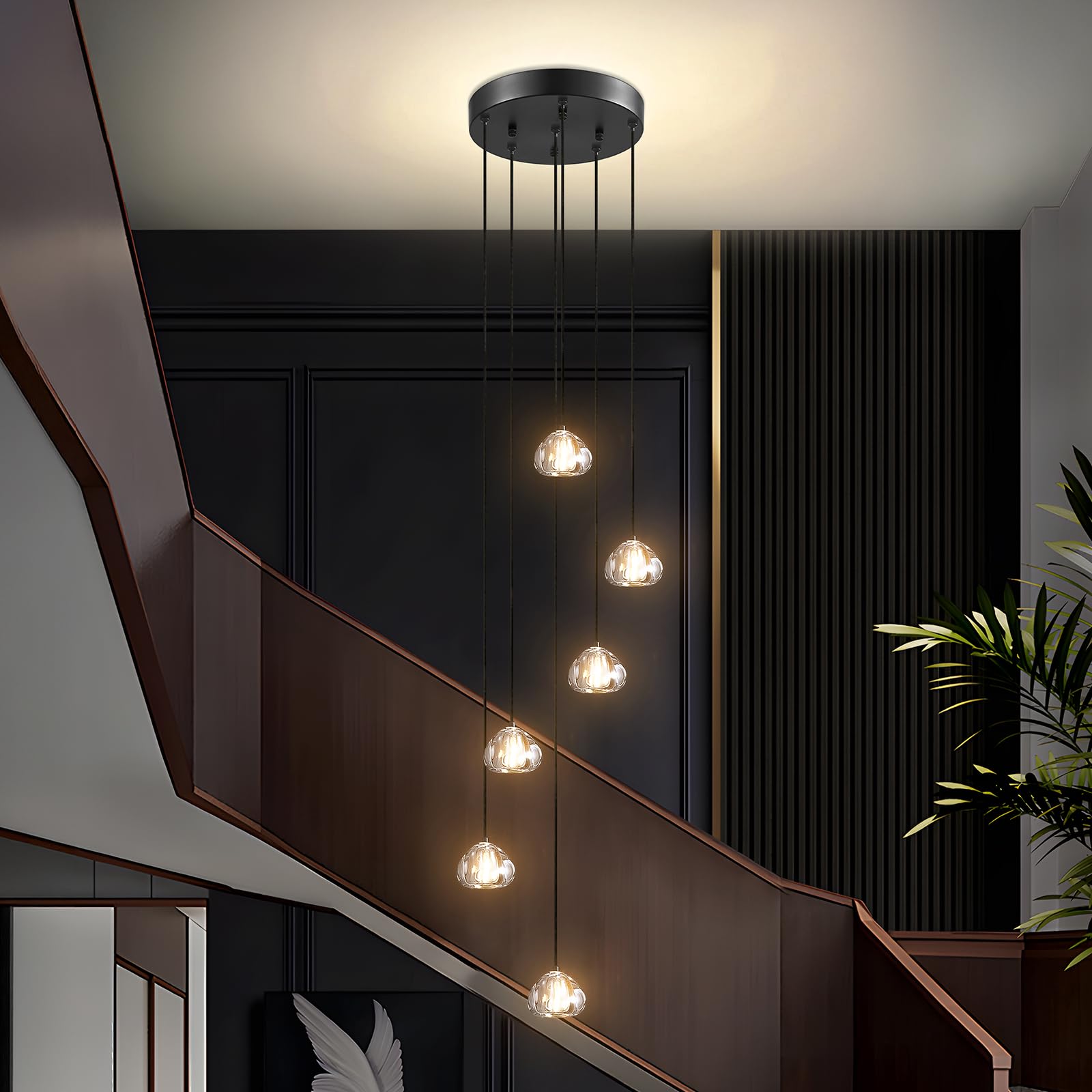 H.W.S Nowoczesna lampa wisząca LED, żyrandol Villa, regulowana wysokość, lampa wisząca szkło, do salonu, jadalni, przedpokoju, schodów, hotelu (6-punktowa, Okrągła, Czarna)