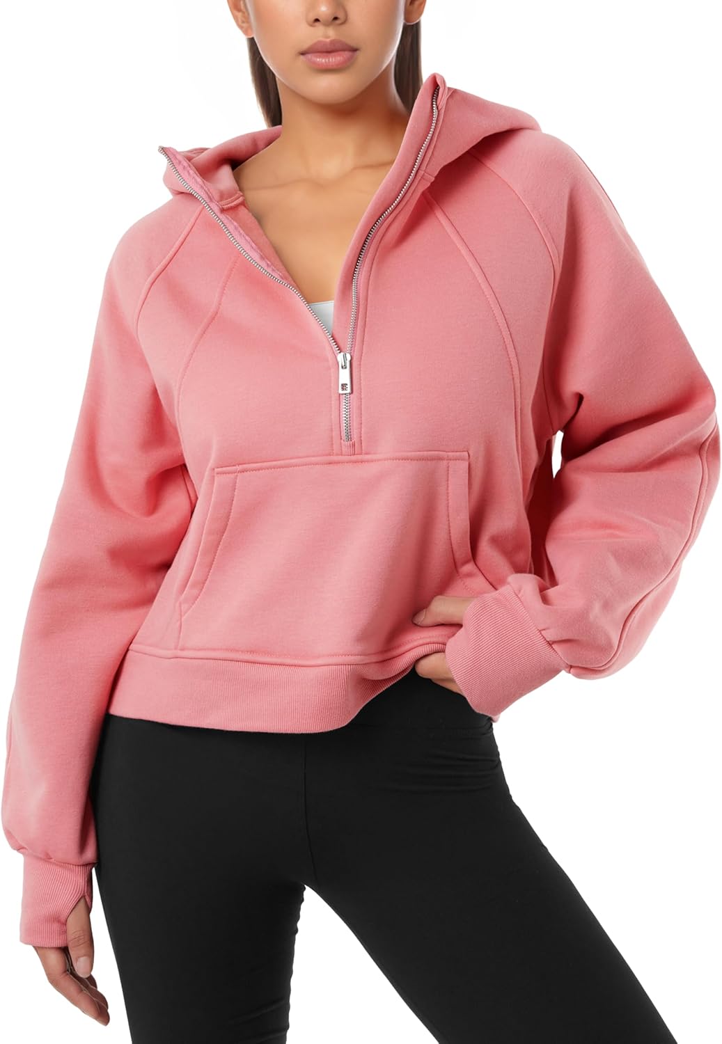 GIVON Womens Cropped Fleece-Lined Hoodie Quarter-Zip Pullover Sweatshirt with Thumb Hole