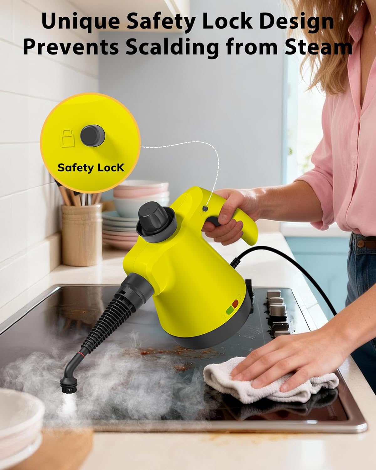 Steam Cleaner - Handheld Steam Cleaner with 12Pcs Accessories & Safety Lock, Pressurized Handheld Steam Cleaner for Home, Tile, Windows, Bathrooms, Kitchens, Grease, Car, Yellow