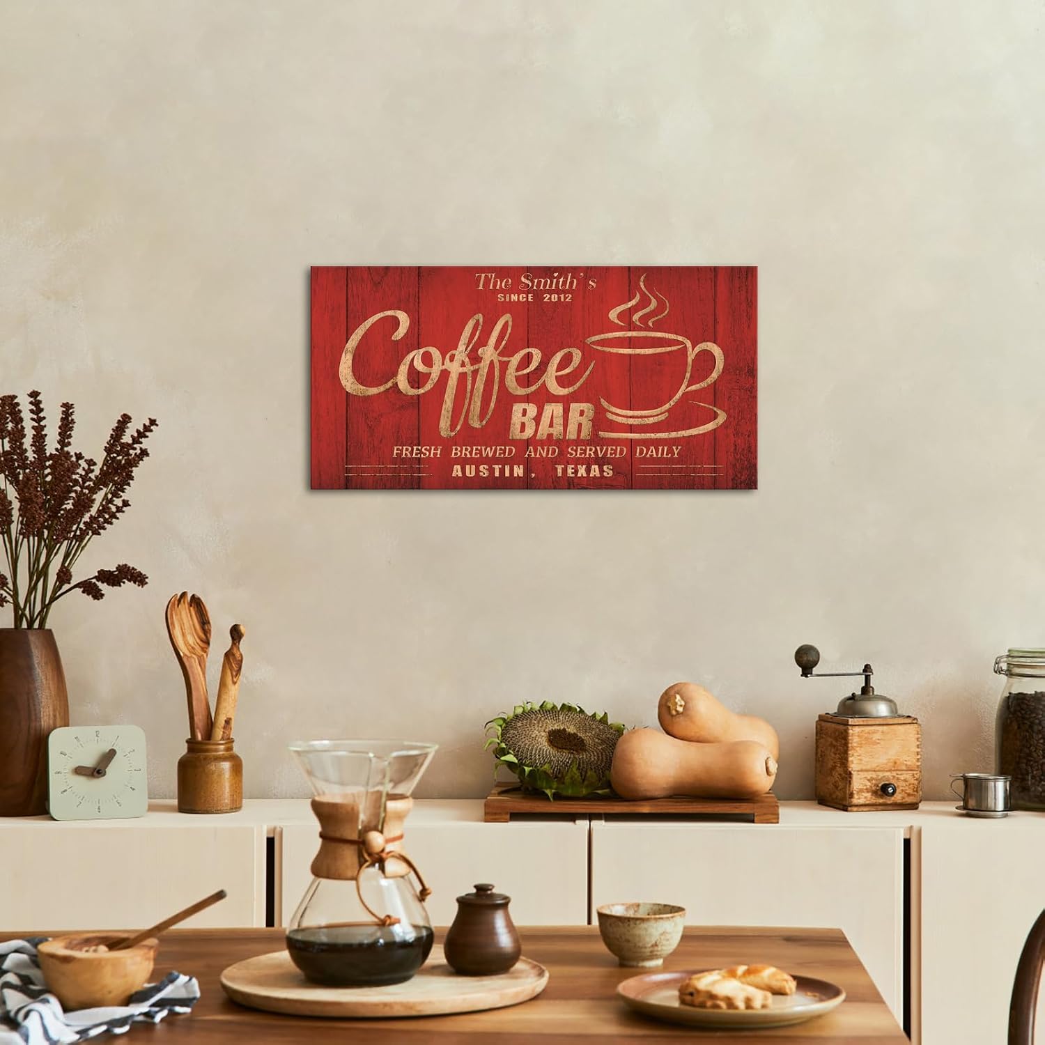 iLOOKLiKE Custom Coffee Bar Sign Vintage Canvas Wall art Decor Personalized Red Family Last Name Year Address Painting Print Framed Gift for Coffee Station Kitchen Business Office Home