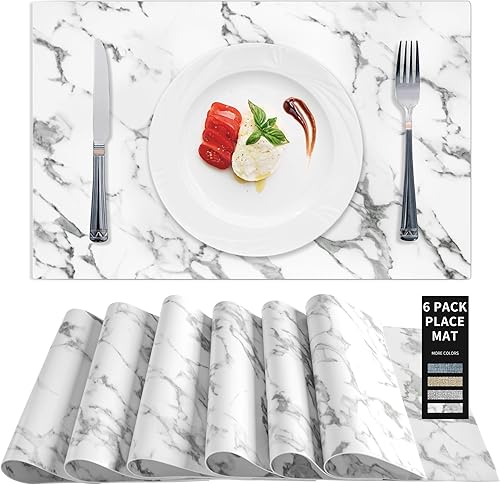 Juego de 6 manteles individuales de cuero, manteles individuales de mármol para mesa de comedor, resistentes al calor, manteles individuales