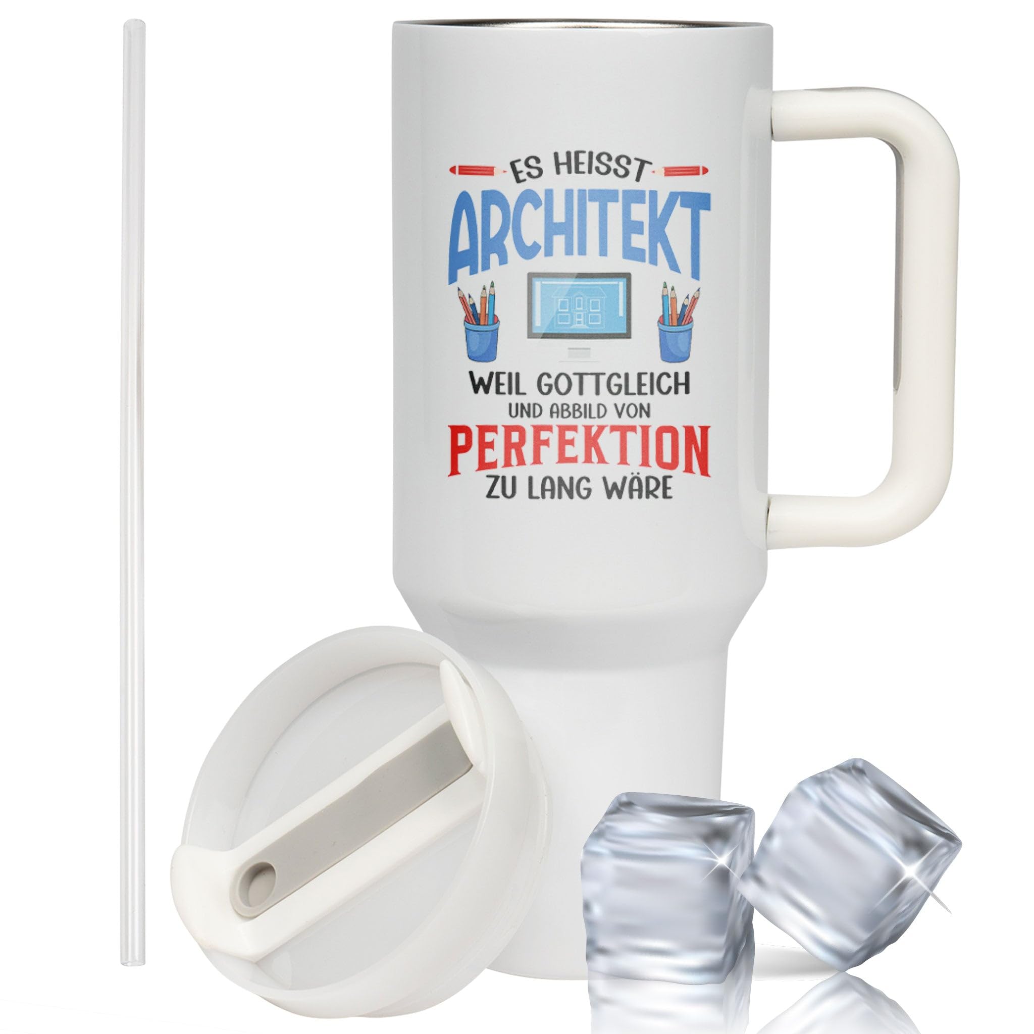 XXL Thermobecher für Architekten & Bauzeichner – Lustiges Geschenk zum Geburtstag, Abschied & Weihnachten – Edelstahl Trinkflasche, Weiß mit Architekt Spruch (WIEDERVERWENDBAR)