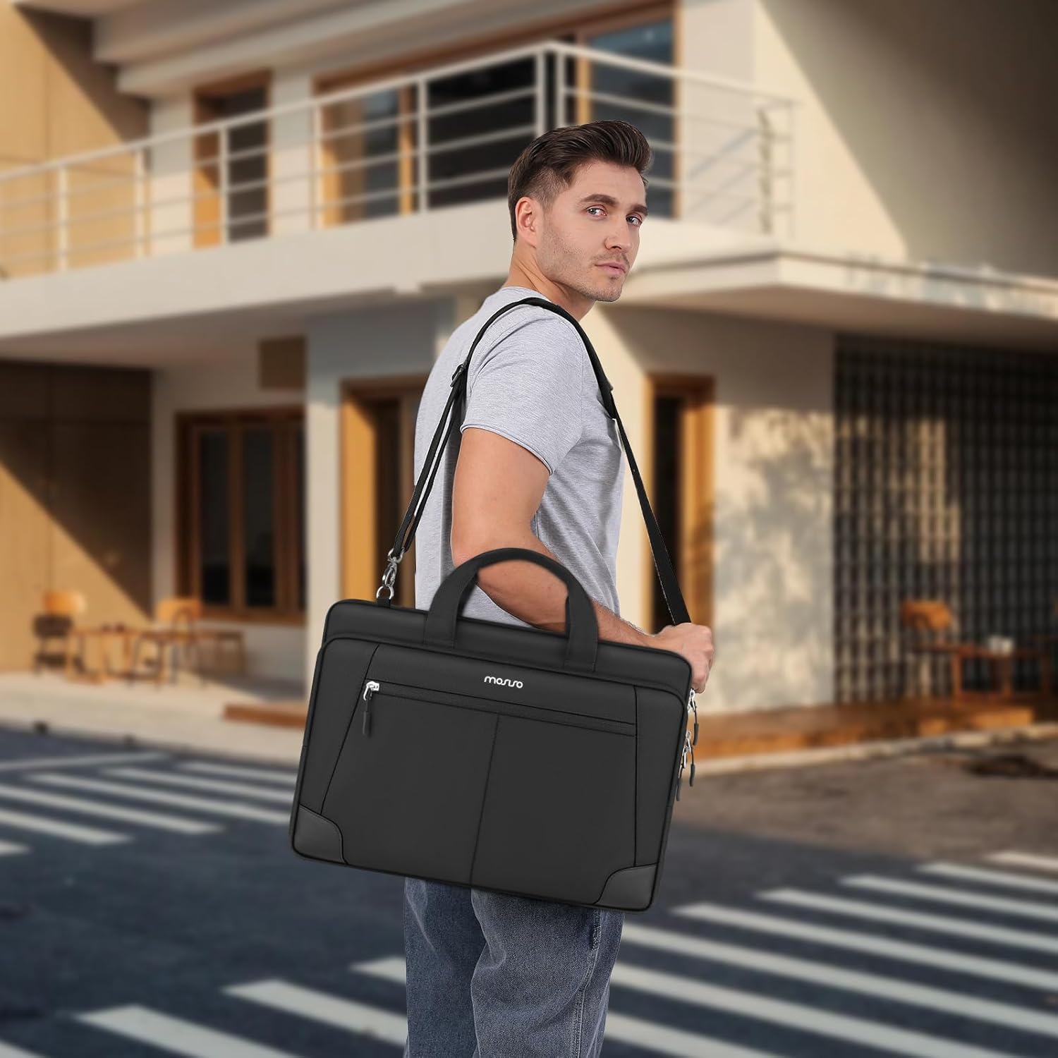 MOSISO Laptop Shoulder Bag 15.6 inch, 15-15.6 inch Messenger Shoulder Computer Bag Compatible with MacBook Pro 16 inch, HP, Dell, Lenovo, Notebook with 2 Horizontal Pockets & Handle & Belt, Black - Image 3