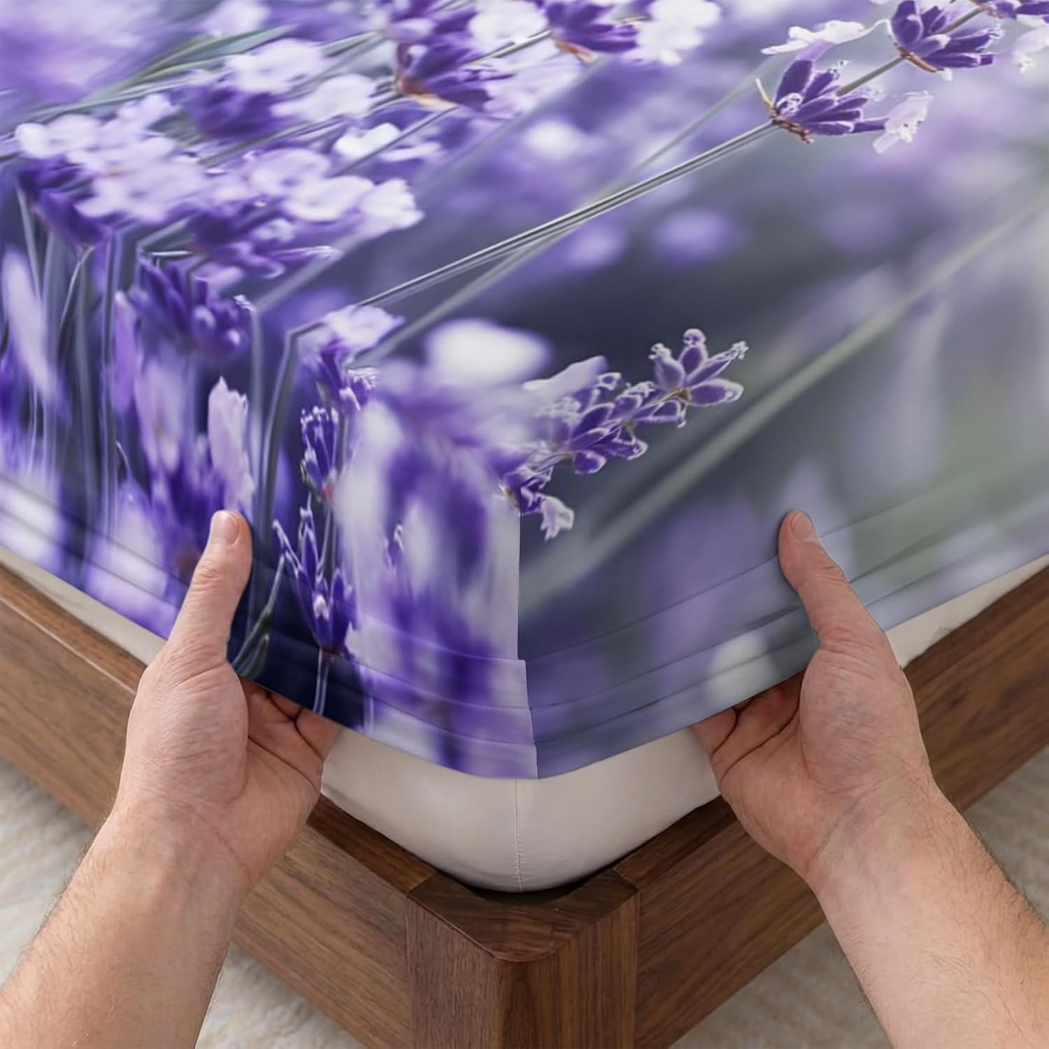 Bettlaken Lavendel Spannbettlaken 180x200cm Lila Blüten für Boxspringbett Weiche Mikrofaser Spannbetttuch 3D Spannbetttücher mit 2 Kissenbezug für Kinder Erwachsene XCW4627